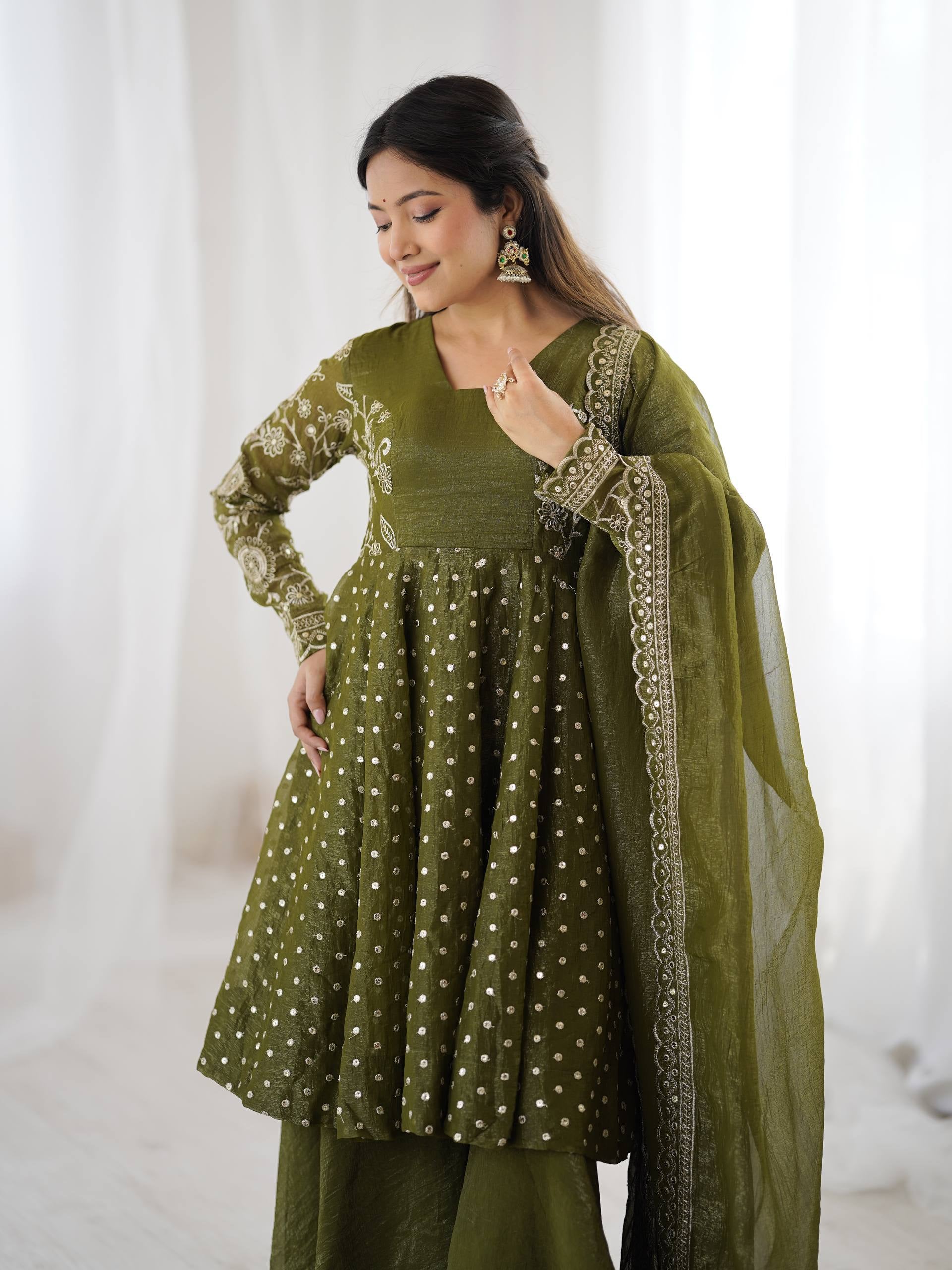 Womenline Olive Enchantress Designer Sharara Suit Set with Embroidered Dupatta