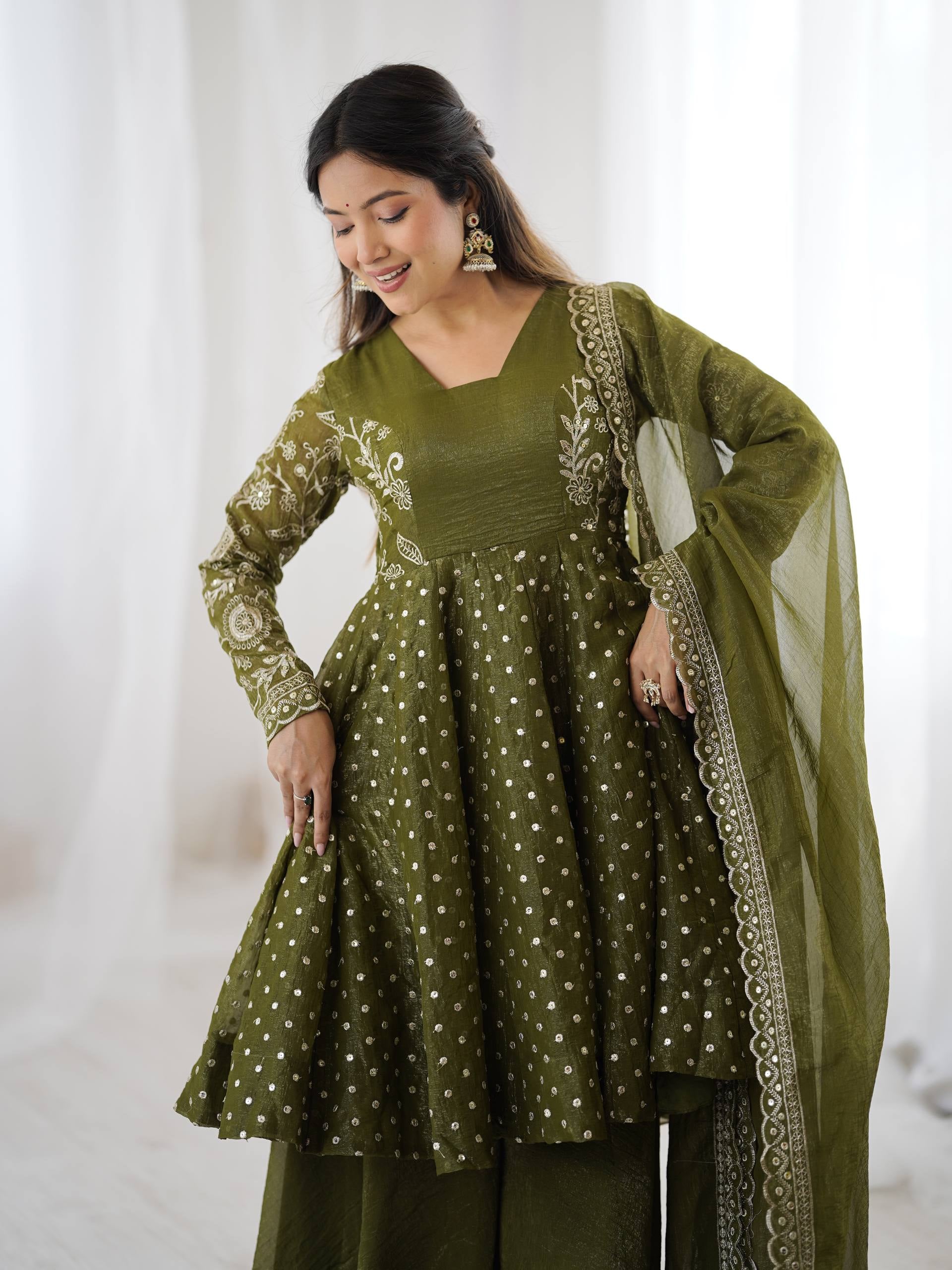 Womenline Olive Enchantress Designer Sharara Suit Set with Embroidered Dupatta