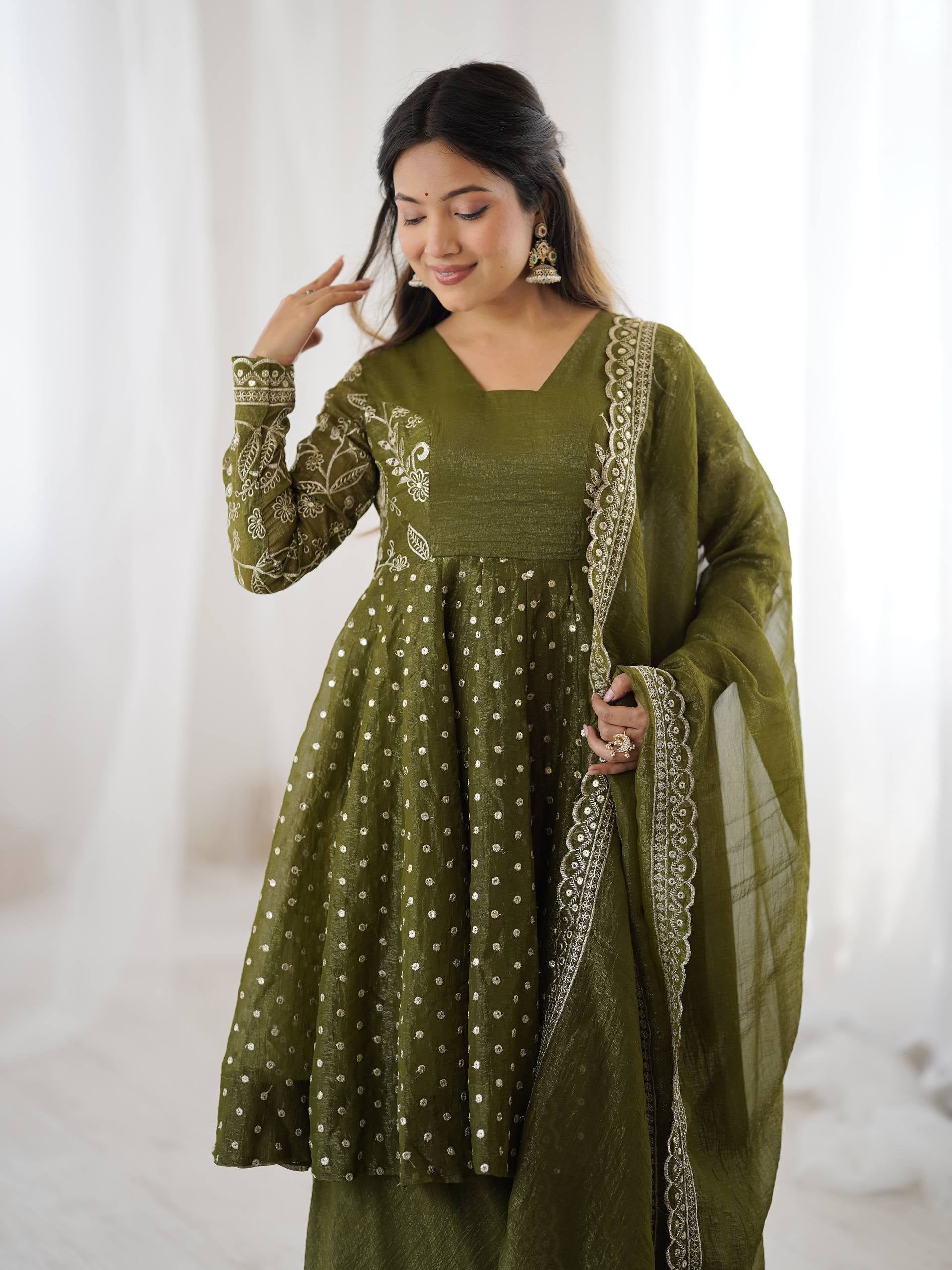 Womenline Olive Enchantress Designer Sharara Suit Set with Embroidered Dupatta