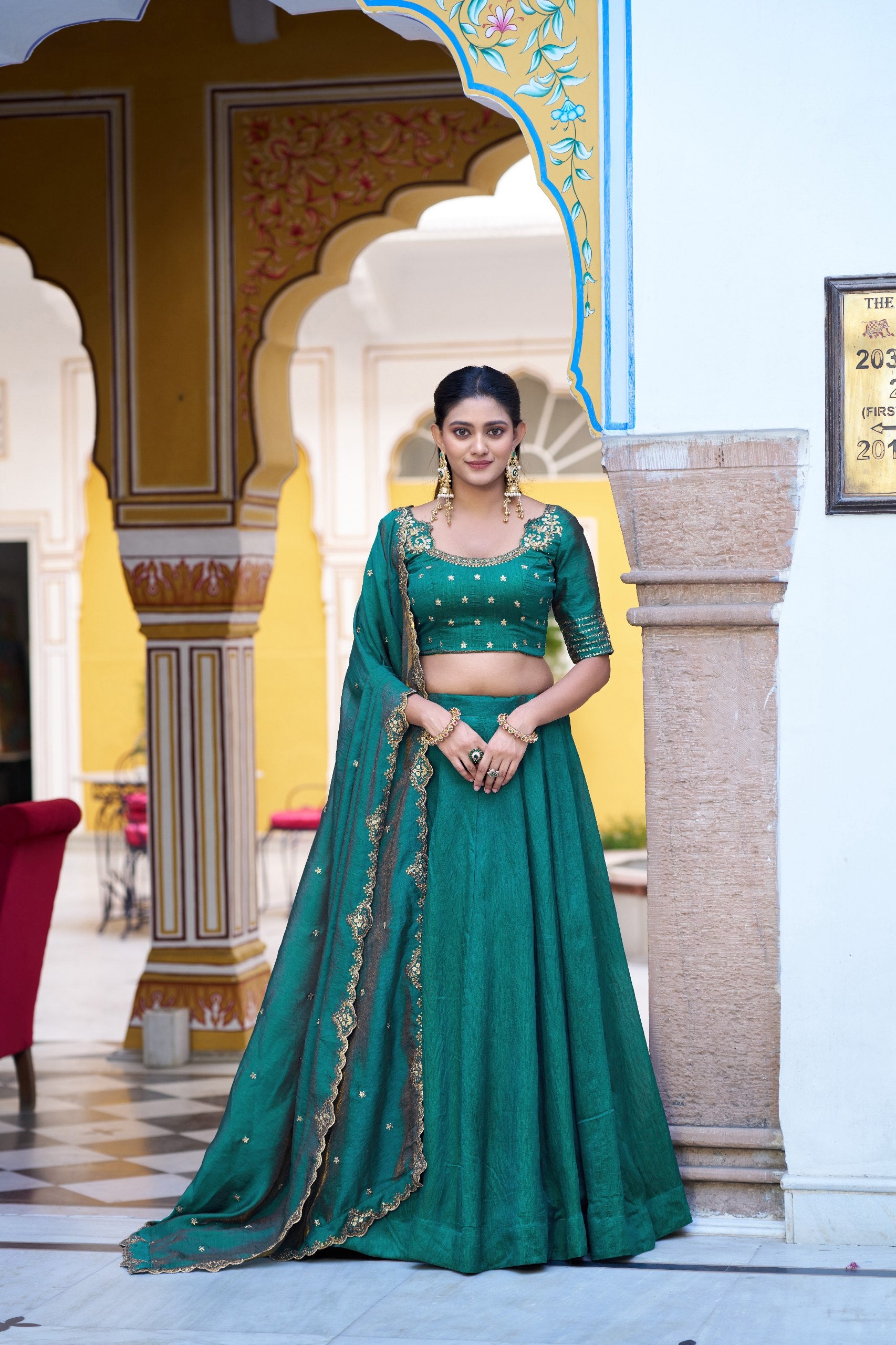 Womenline Teal Green Embroidered Lehenga Choli Set with Dupatta
