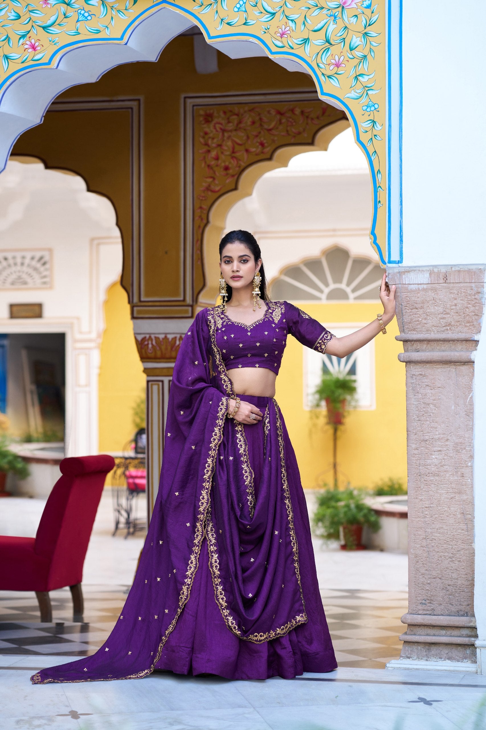 Womenline Royal Purple Embroidered Lehenga Choli Set with Dupatta