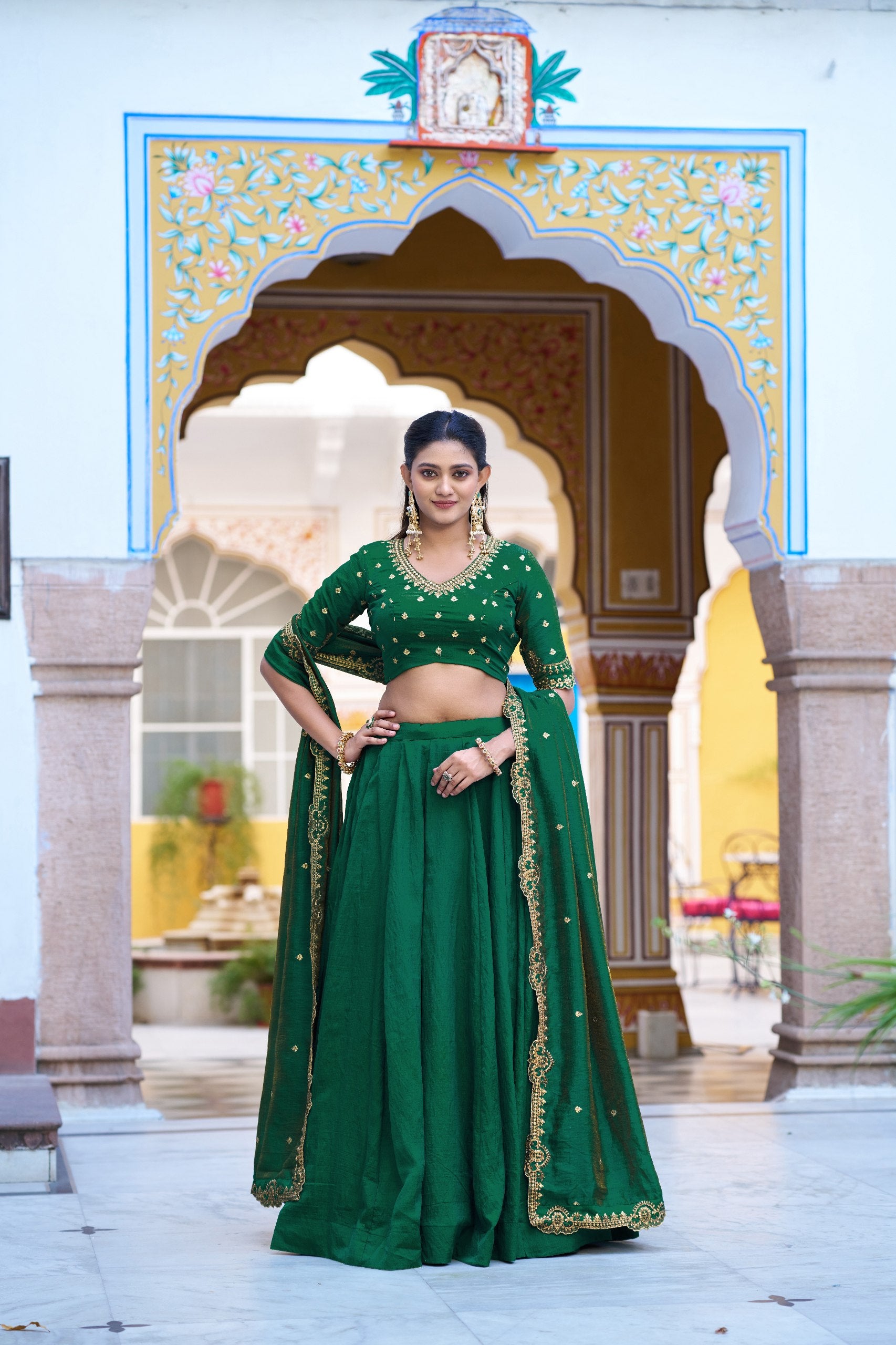 Womenline Emerald Green Embellished Lehenga Choli Set with Dupatta