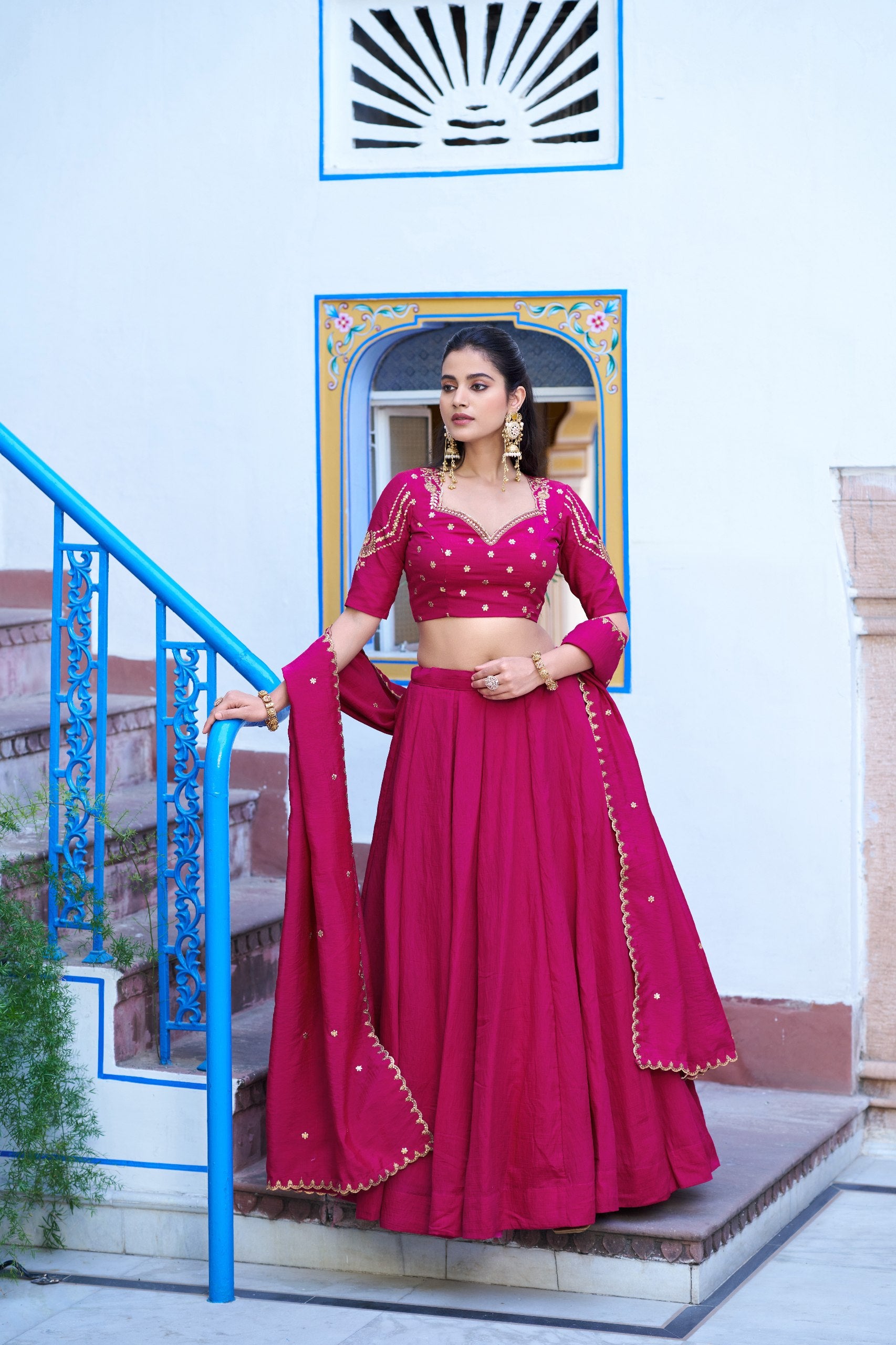 Womenline Rani Pink Embellished Lehenga Choli Set with Dupatta