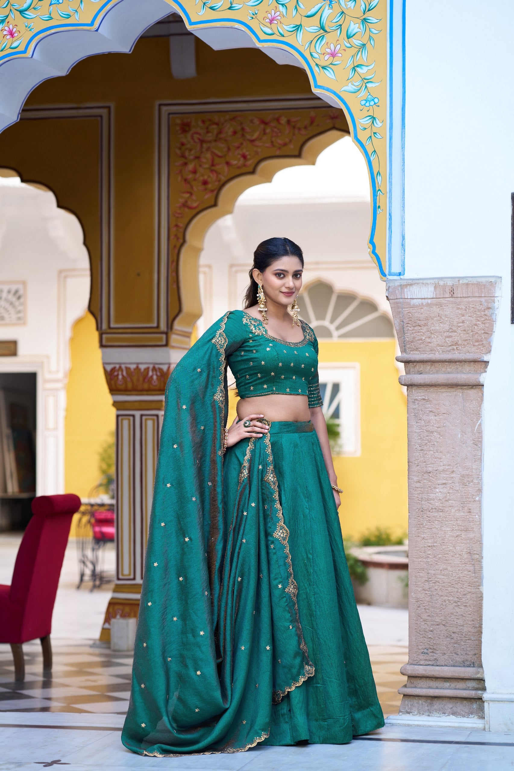 Womenline Teal Green Embroidered Lehenga Choli Set with Dupatta