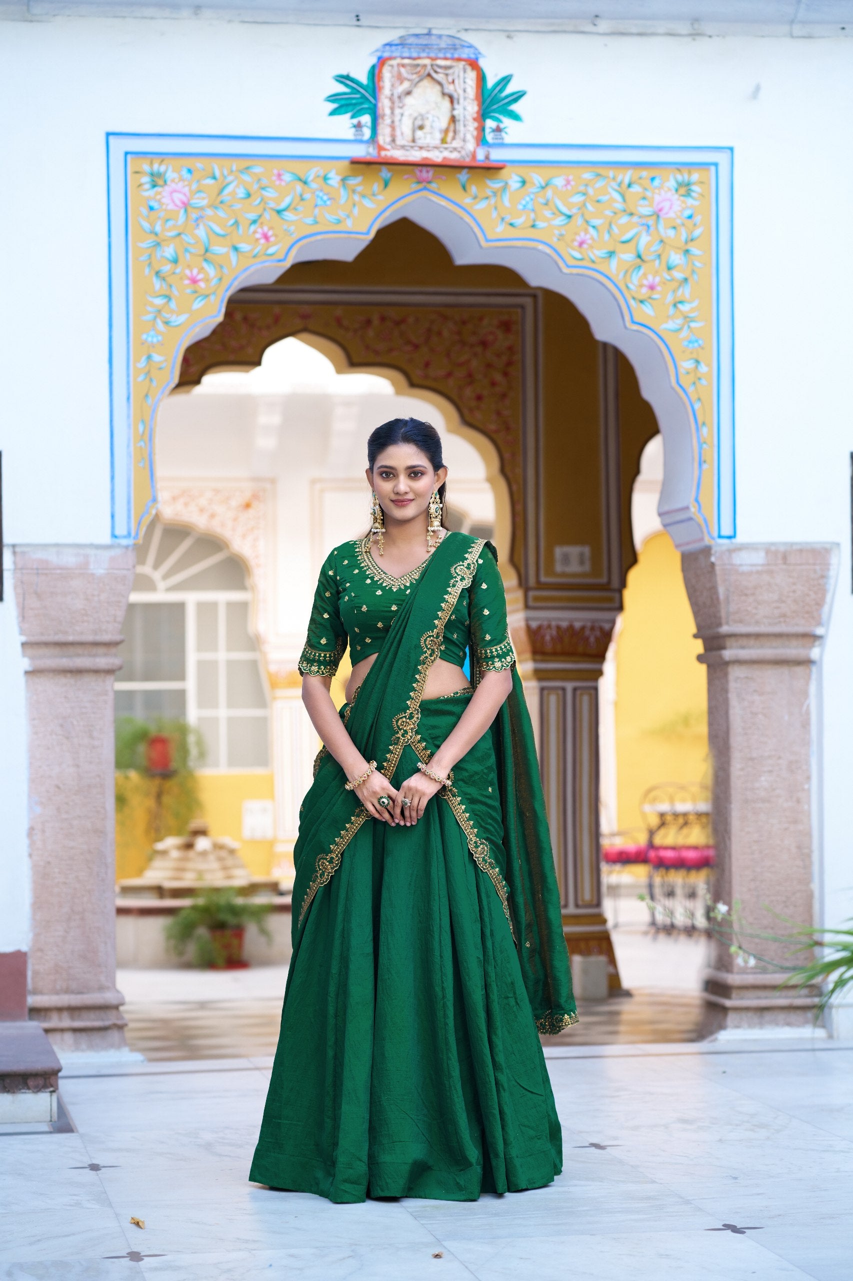 Womenline Emerald Green Embellished Lehenga Choli Set with Dupatta