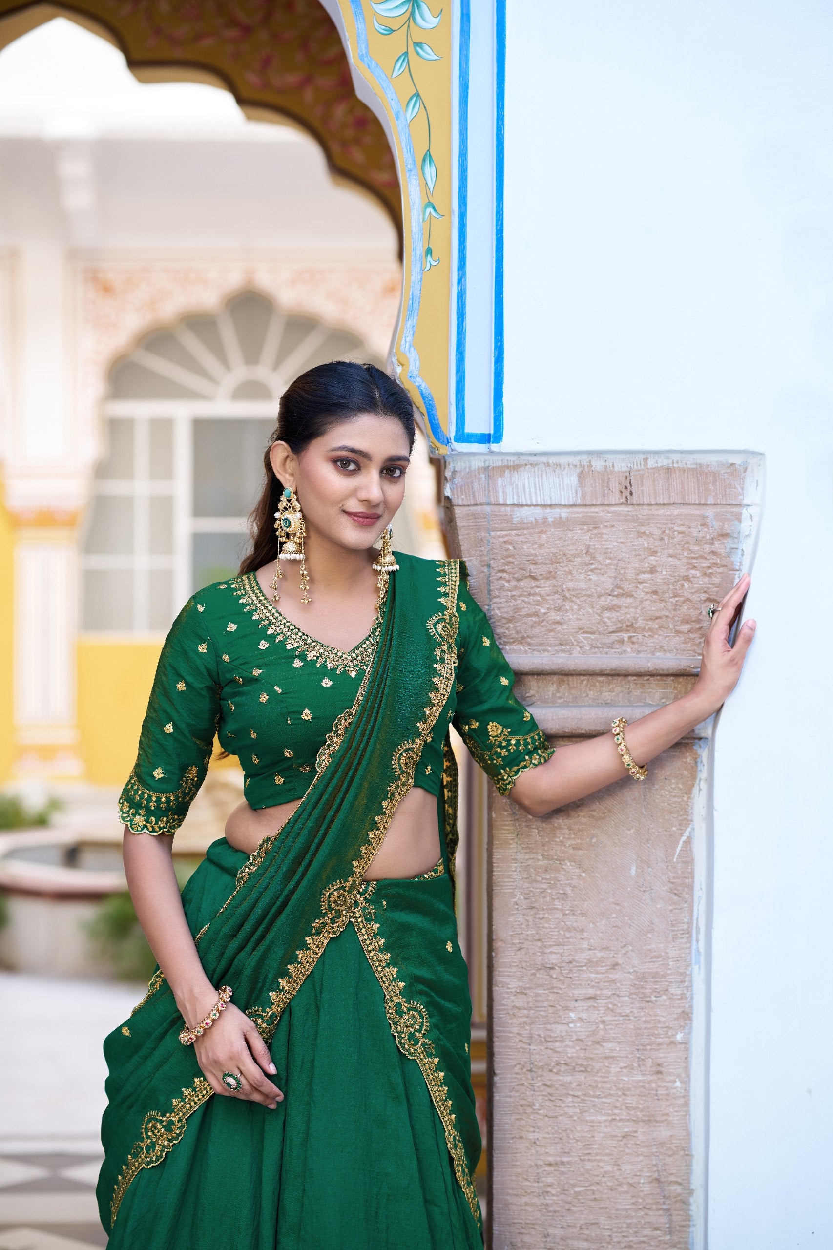 Womenline Emerald Green Embellished Lehenga Choli Set with Dupatta