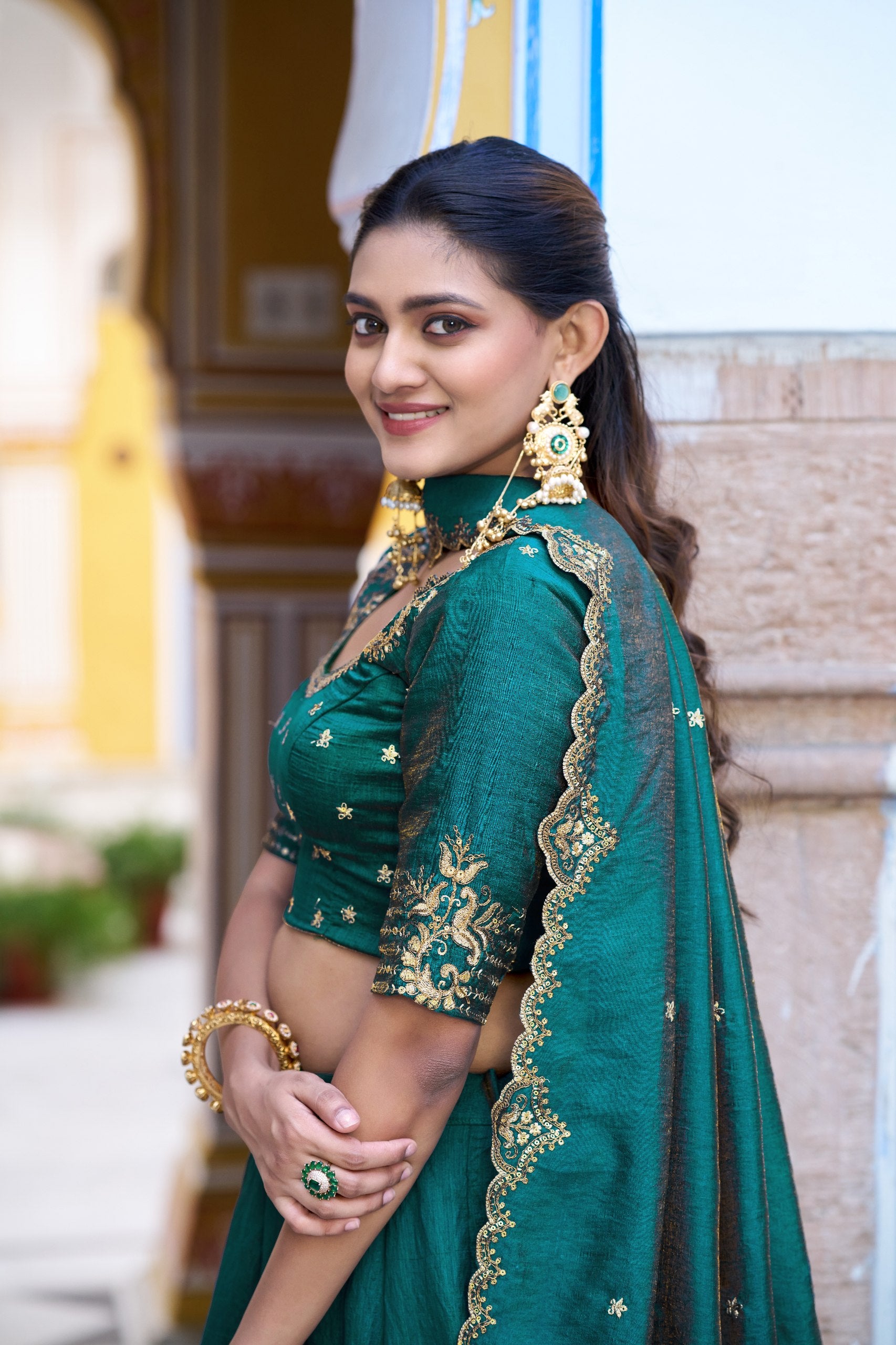 Womenline Teal Green Embroidered Lehenga Choli Set with Dupatta