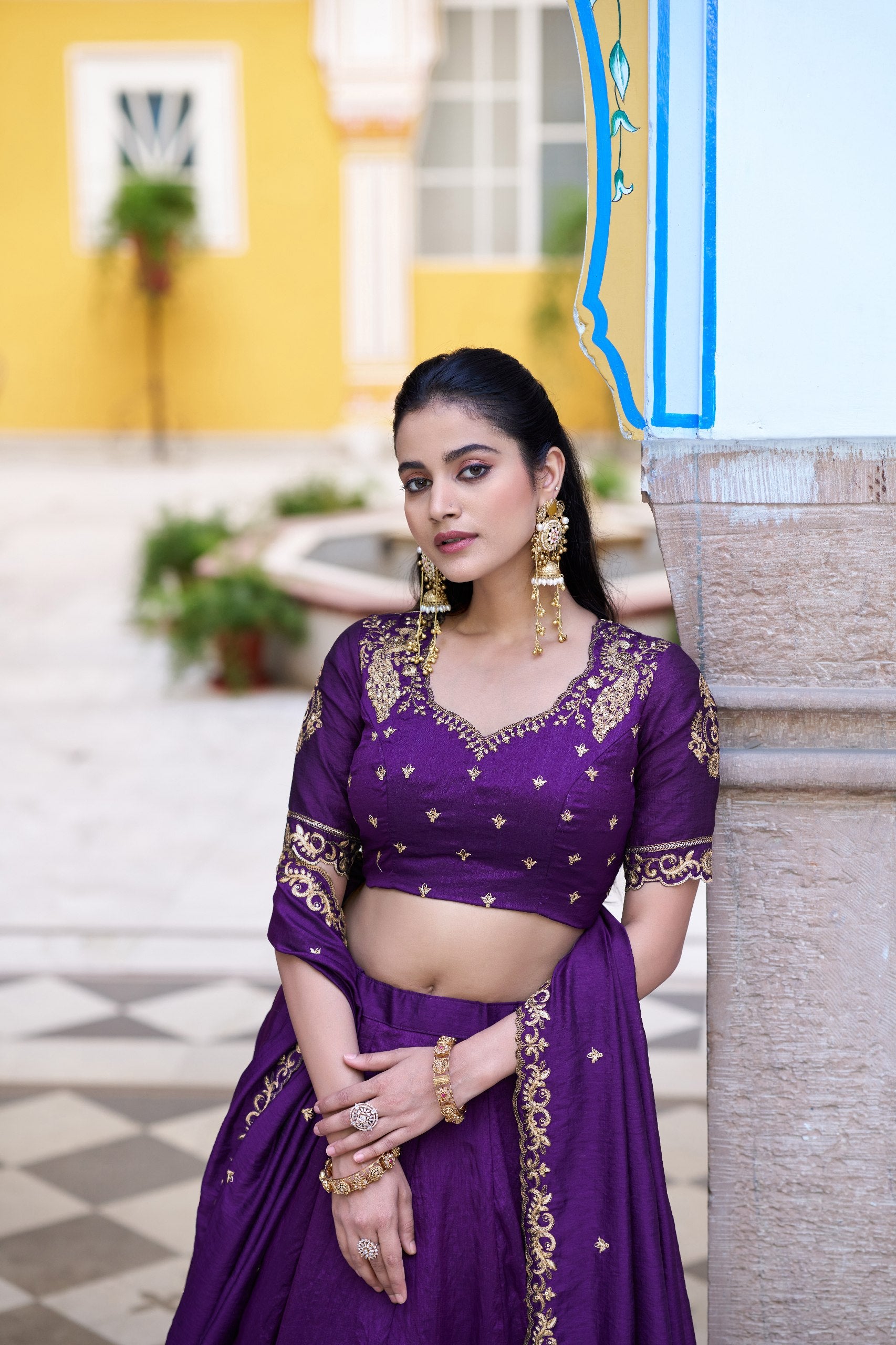 Womenline Royal Purple Embroidered Lehenga Choli Set with Dupatta