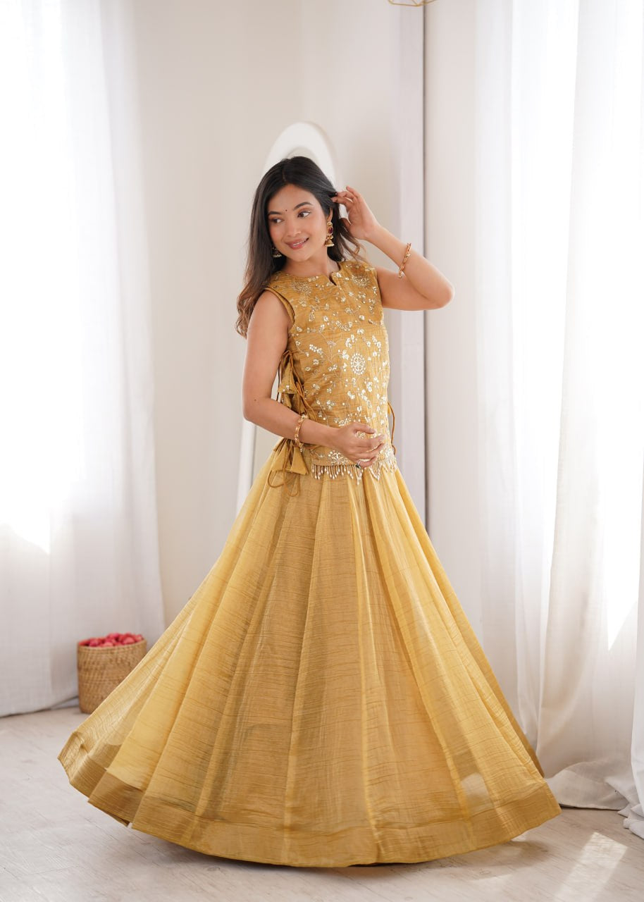 Womenline Mustard Gold Embroidered Designer Lehenga Set