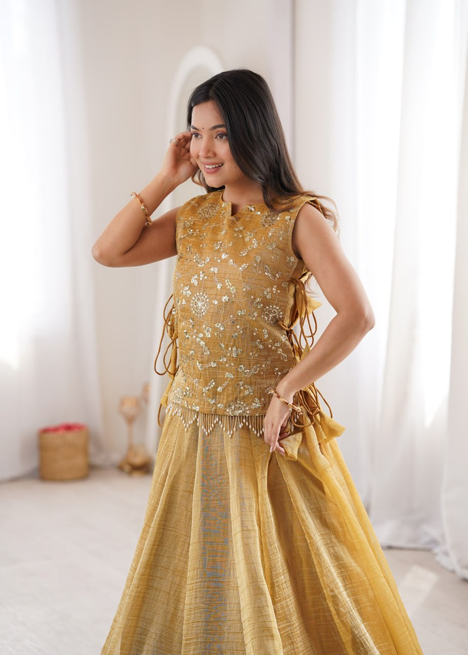 Womenline Mustard Gold Embroidered Designer Lehenga Set