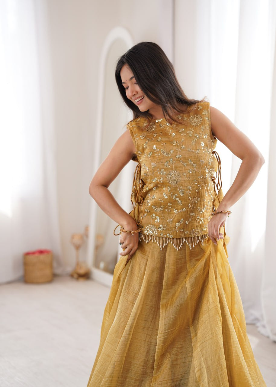 Womenline Mustard Gold Embroidered Designer Lehenga Set