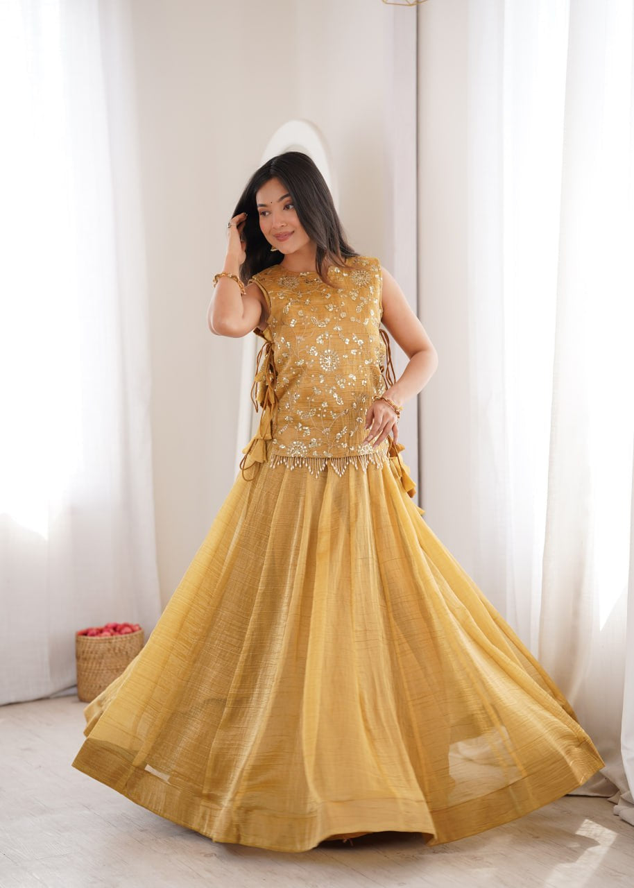 Womenline Mustard Gold Embroidered Designer Lehenga Set