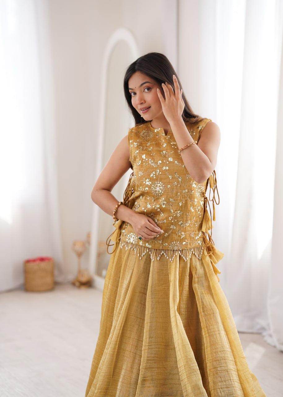 Womenline Mustard Gold Embroidered Designer Lehenga Set