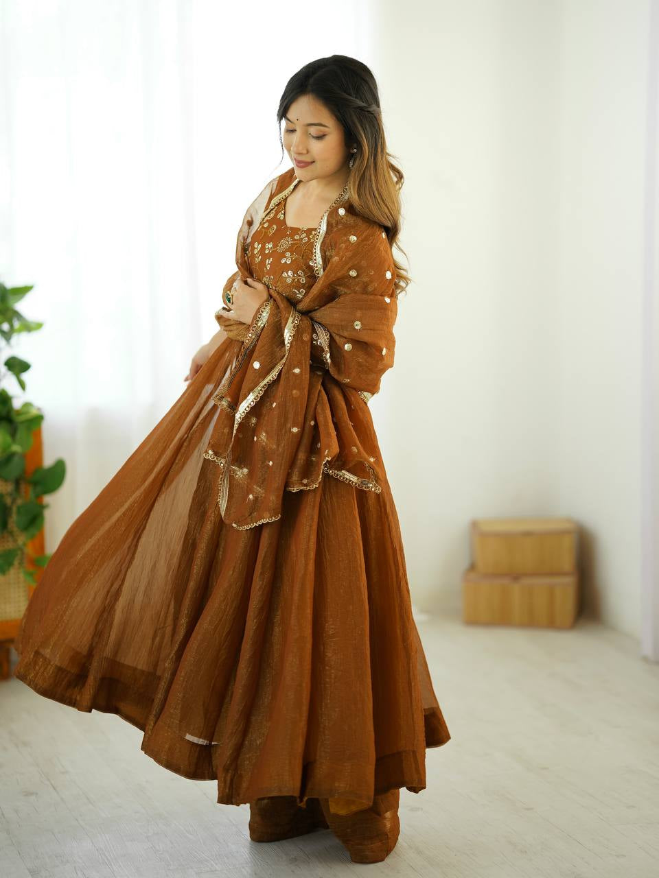 Womenline Elegant Coffee Brown Embroidered Anarkali Suit Set with Dupatta