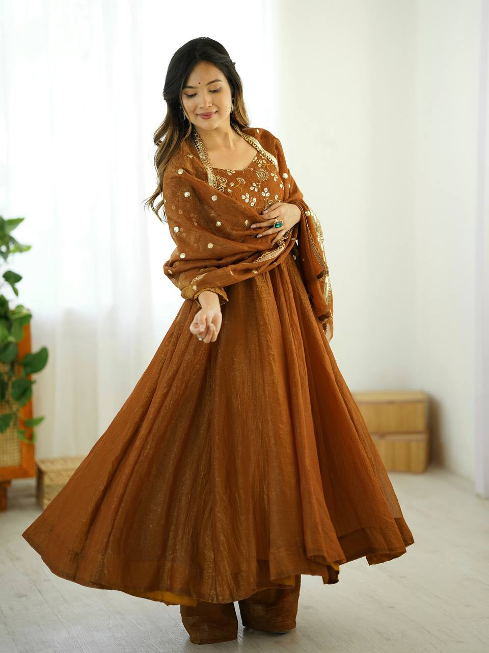 Womenline Elegant Coffee Brown Embroidered Anarkali Suit Set with Dupatta