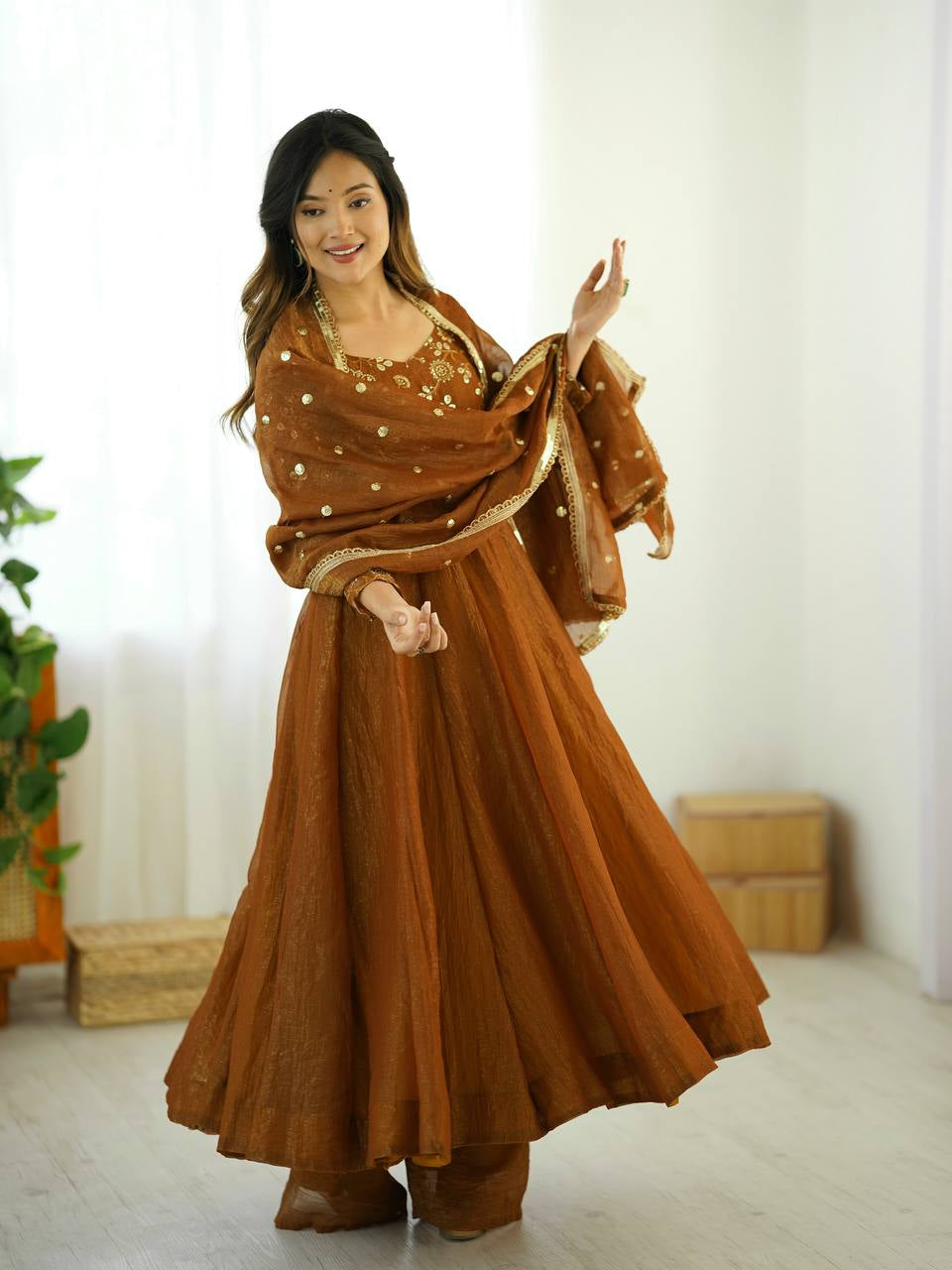 Womenline Elegant Coffee Brown Embroidered Anarkali Suit Set with Dupatta