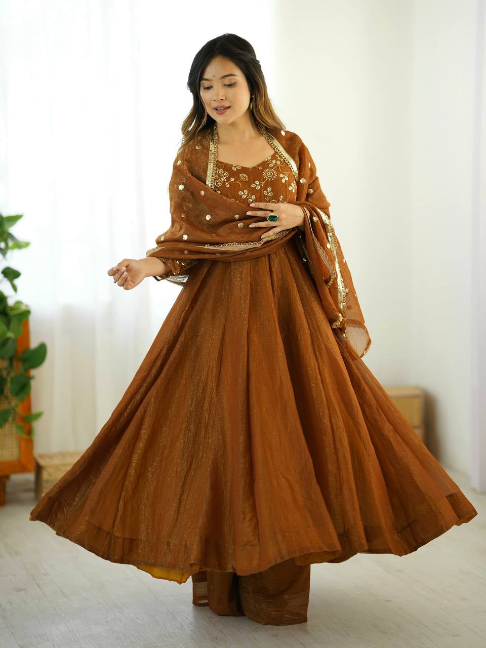 Womenline Elegant Coffee Brown Embroidered Anarkali Suit Set with Dupatta