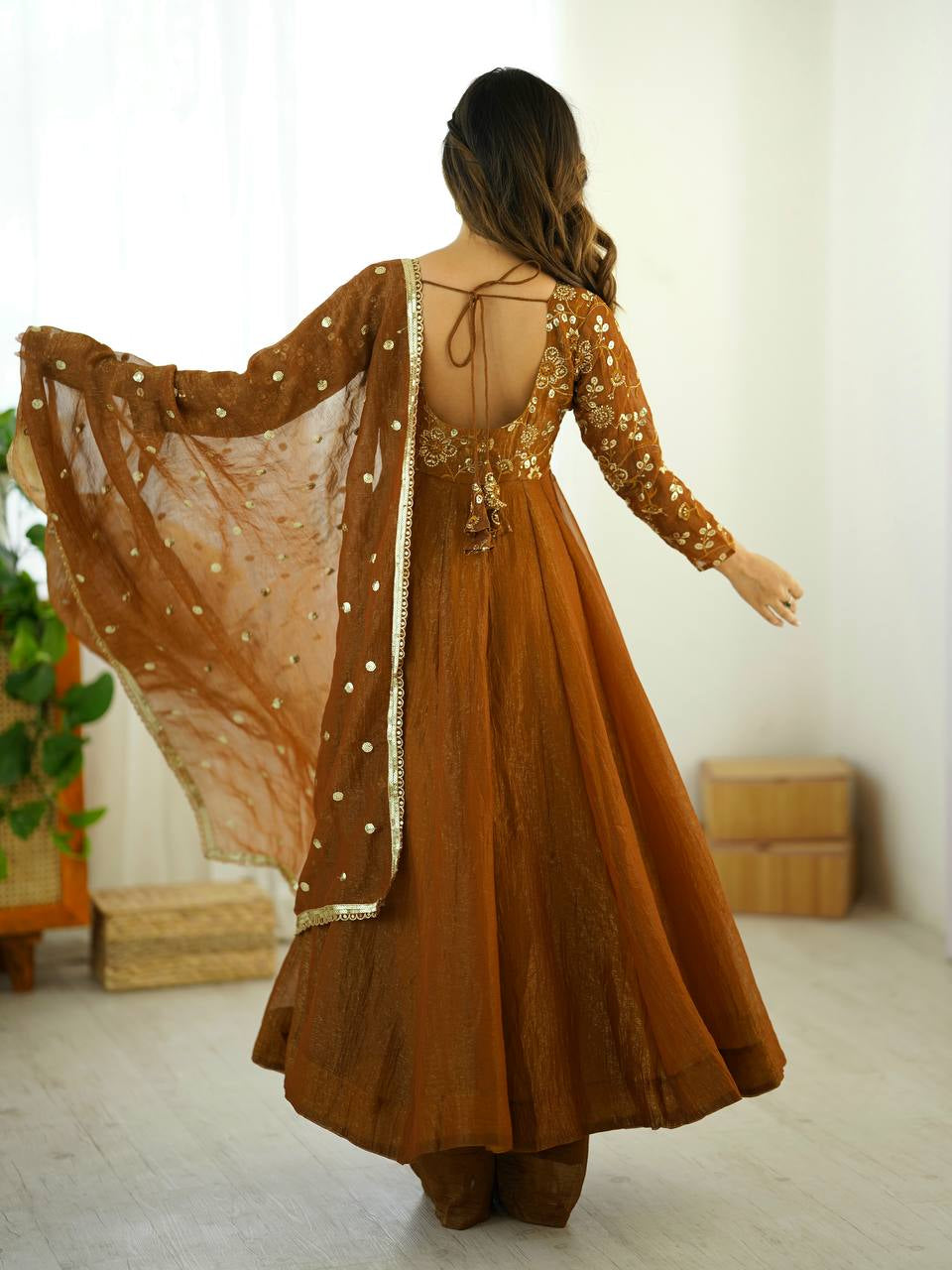 Womenline Elegant Coffee Brown Embroidered Anarkali Suit Set with Dupatta