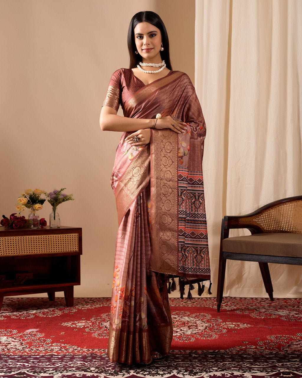 Womenline Rose Gold Banarasi Silk Saree with Floral Print, Rich Zari Border & Designer Tassel Pallu