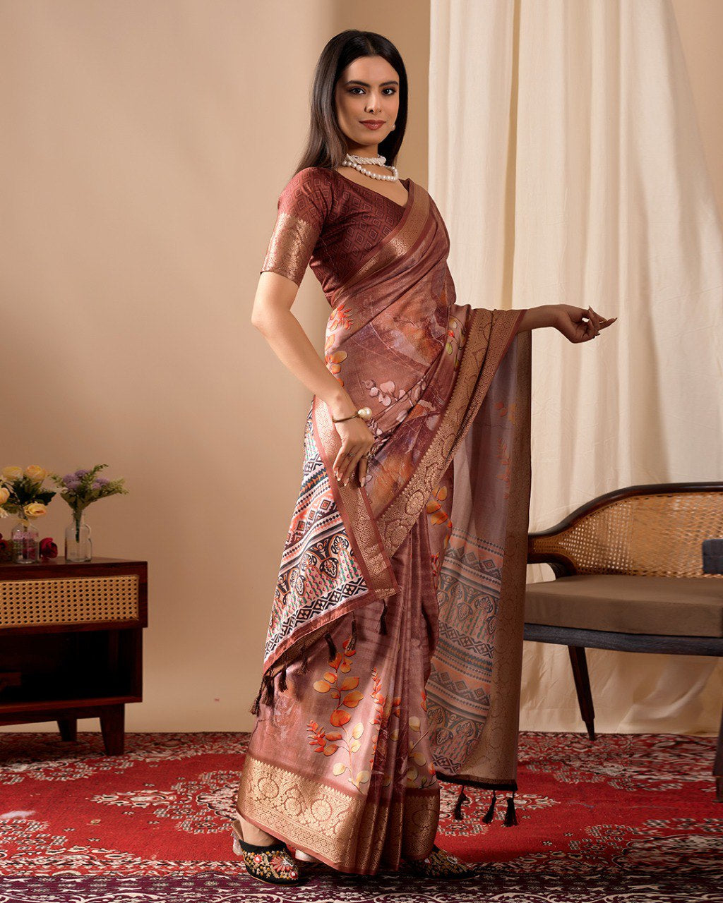 Womenline Rose Gold Banarasi Silk Saree with Floral Print, Rich Zari Border & Designer Tassel Pallu