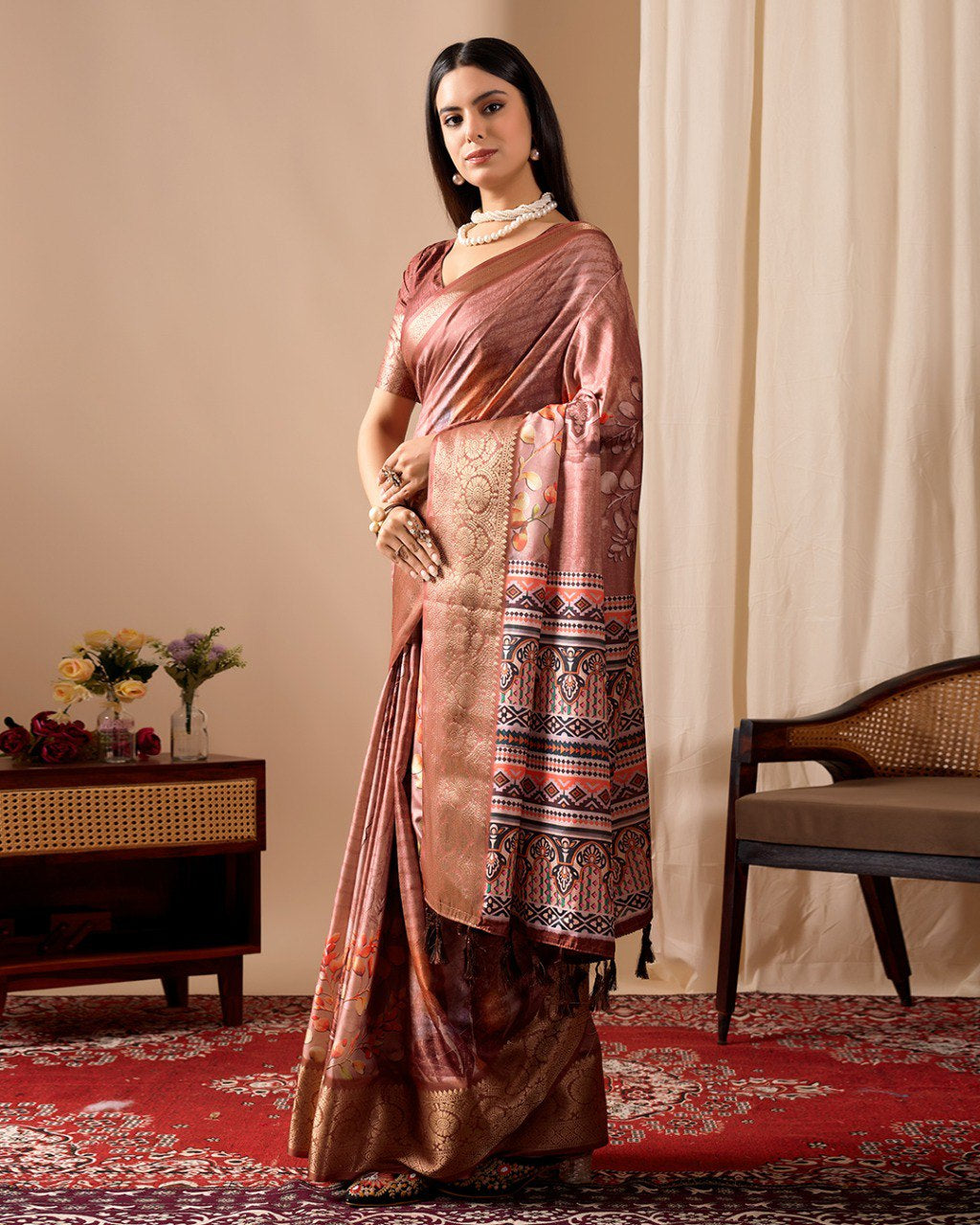 Womenline Rose Gold Banarasi Silk Saree with Floral Print, Rich Zari Border & Designer Tassel Pallu