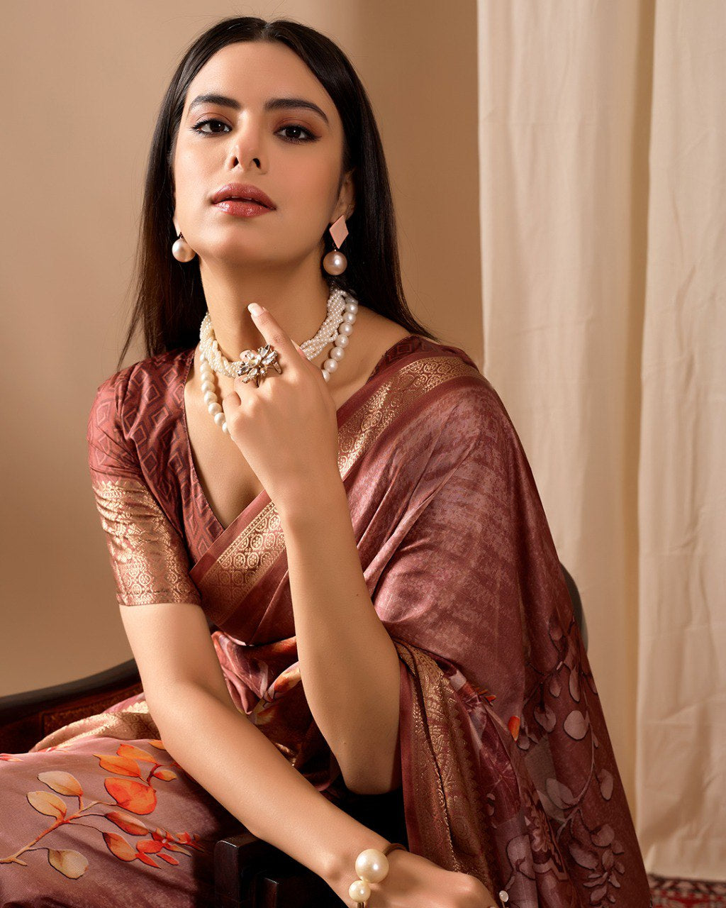 Womenline Rose Gold Banarasi Silk Saree with Floral Print, Rich Zari Border & Designer Tassel Pallu