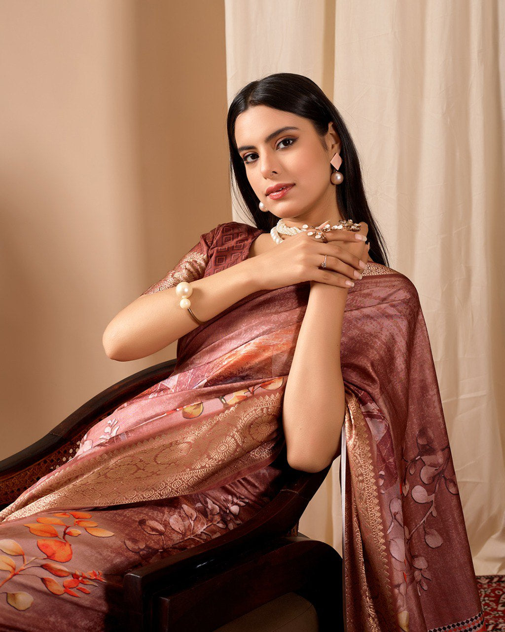 Womenline Rose Gold Banarasi Silk Saree with Floral Print, Rich Zari Border & Designer Tassel Pallu