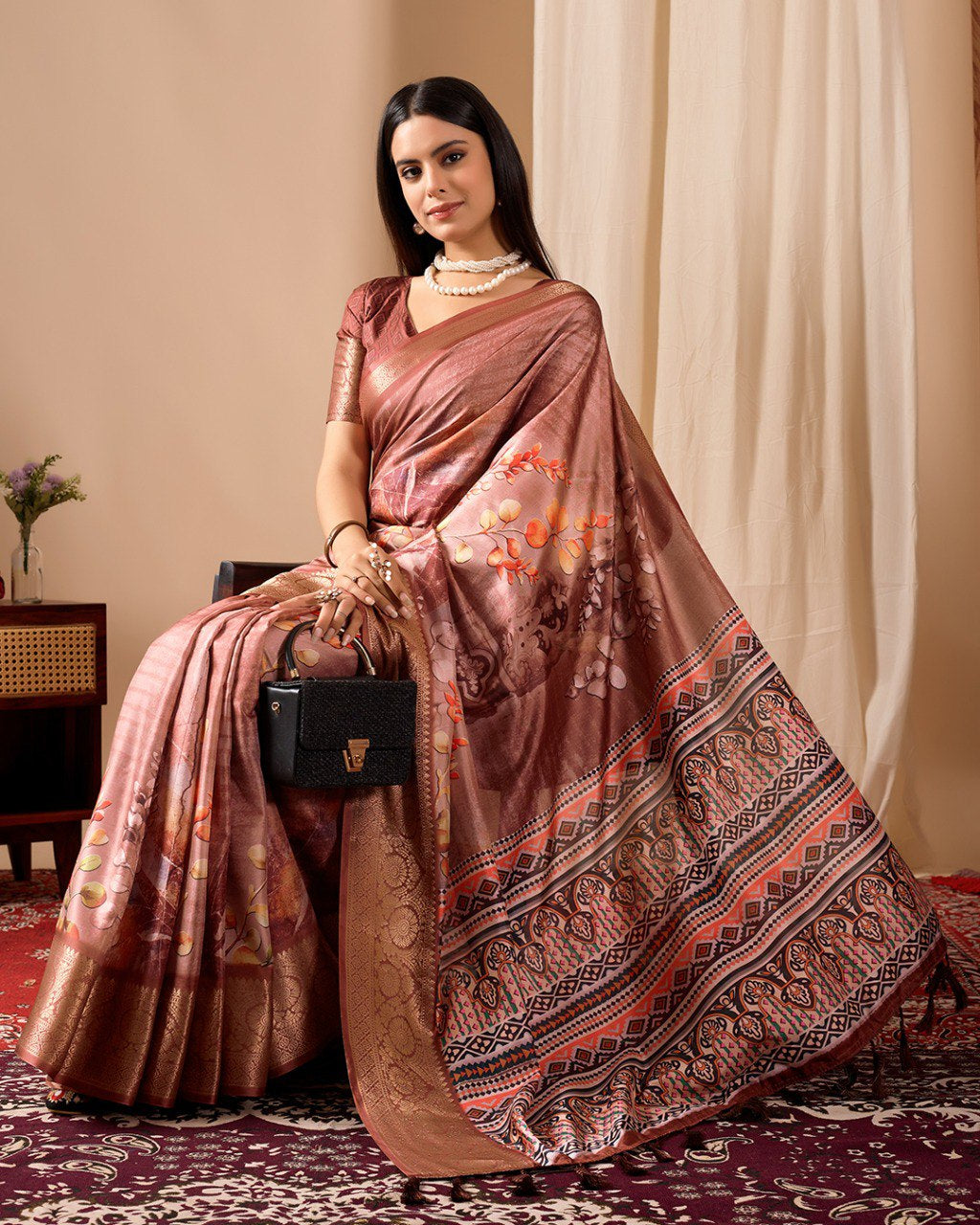 Womenline Rose Gold Banarasi Silk Saree with Floral Print, Rich Zari Border & Designer Tassel Pallu