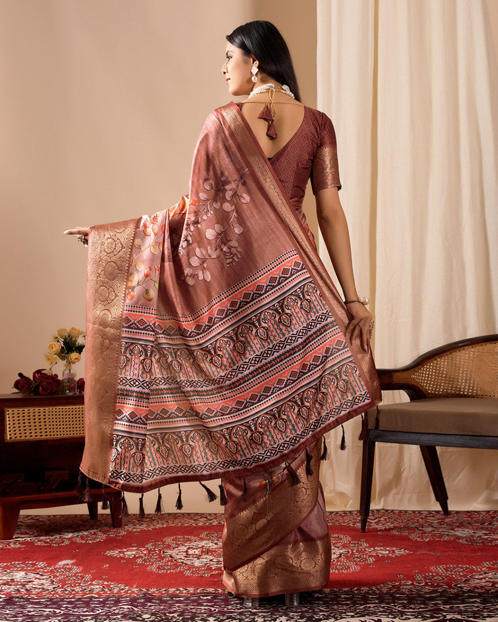 Womenline Rose Gold Banarasi Silk Saree with Floral Print, Rich Zari Border & Designer Tassel Pallu