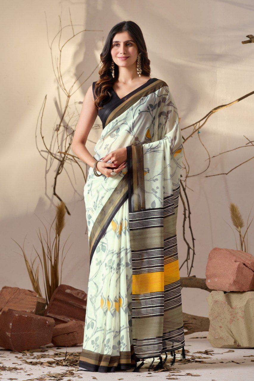 Womenline Ivory Floral Printed Soft Georgette Saree with Designer Striped Pallu & Tassel Border