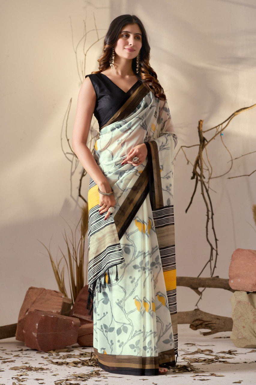 Womenline Ivory Floral Printed Soft Georgette Saree with Designer Striped Pallu & Tassel Border