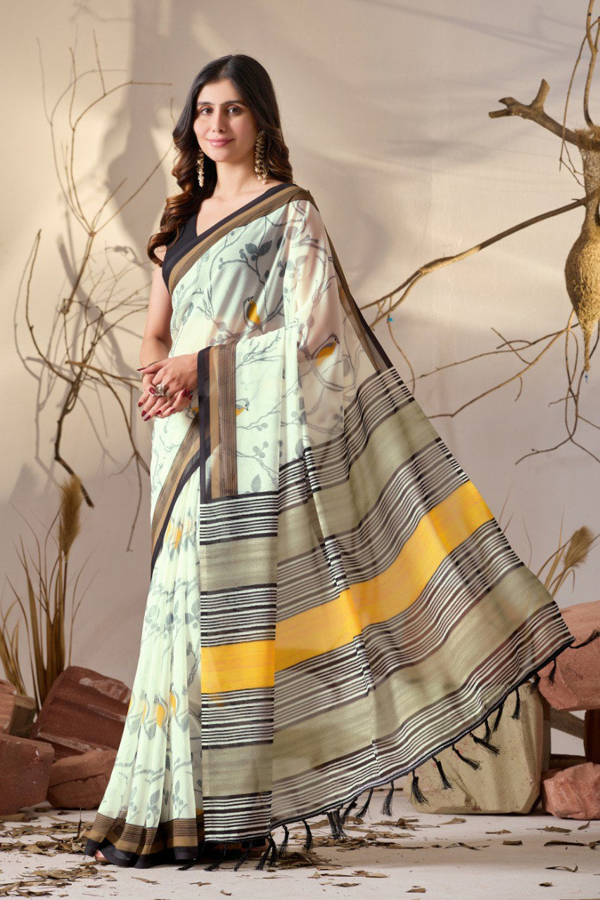 Womenline Ivory Floral Printed Soft Georgette Saree with Designer Striped Pallu & Tassel Border