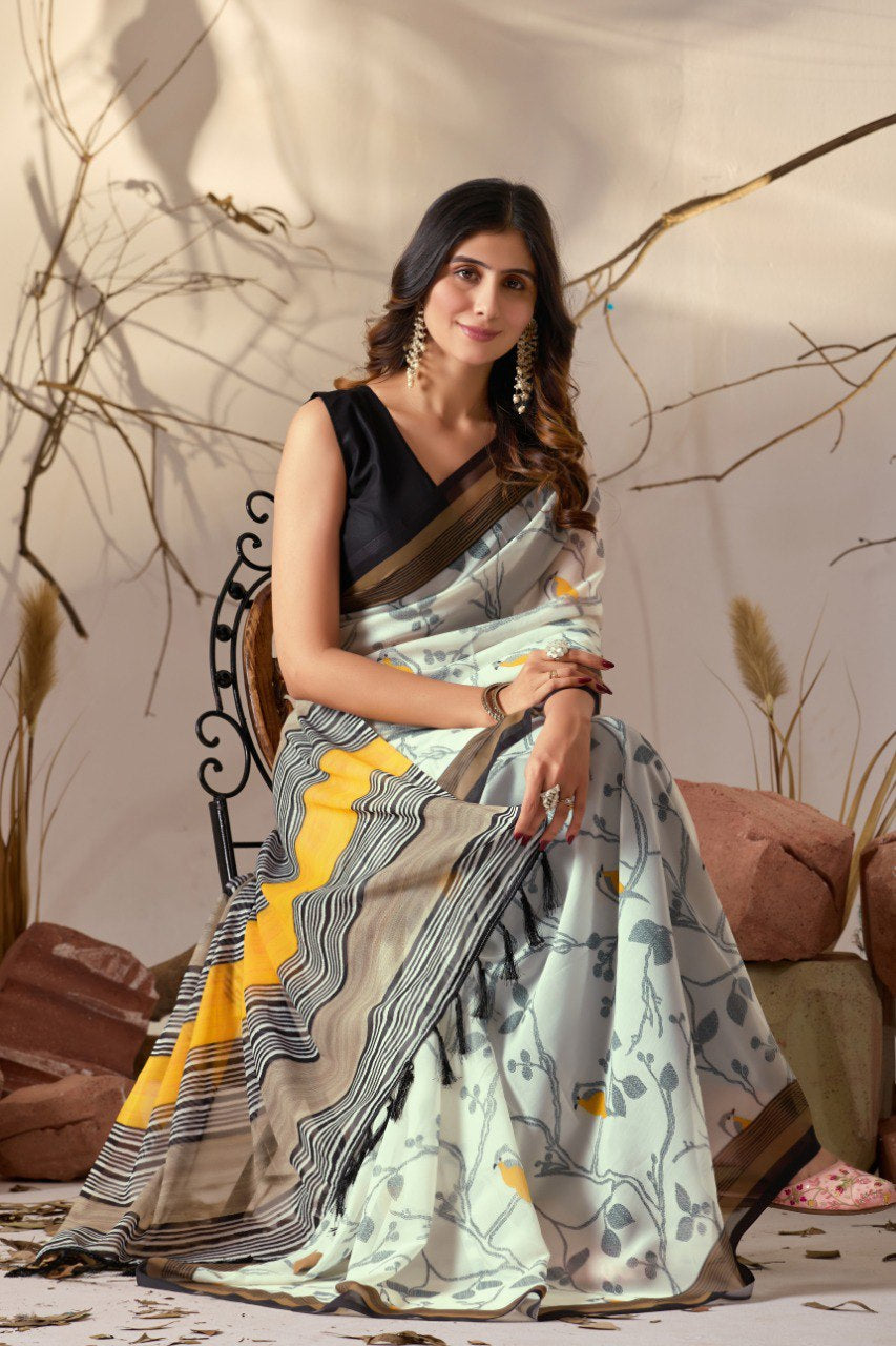 Womenline Ivory Floral Printed Soft Georgette Saree with Designer Striped Pallu & Tassel Border