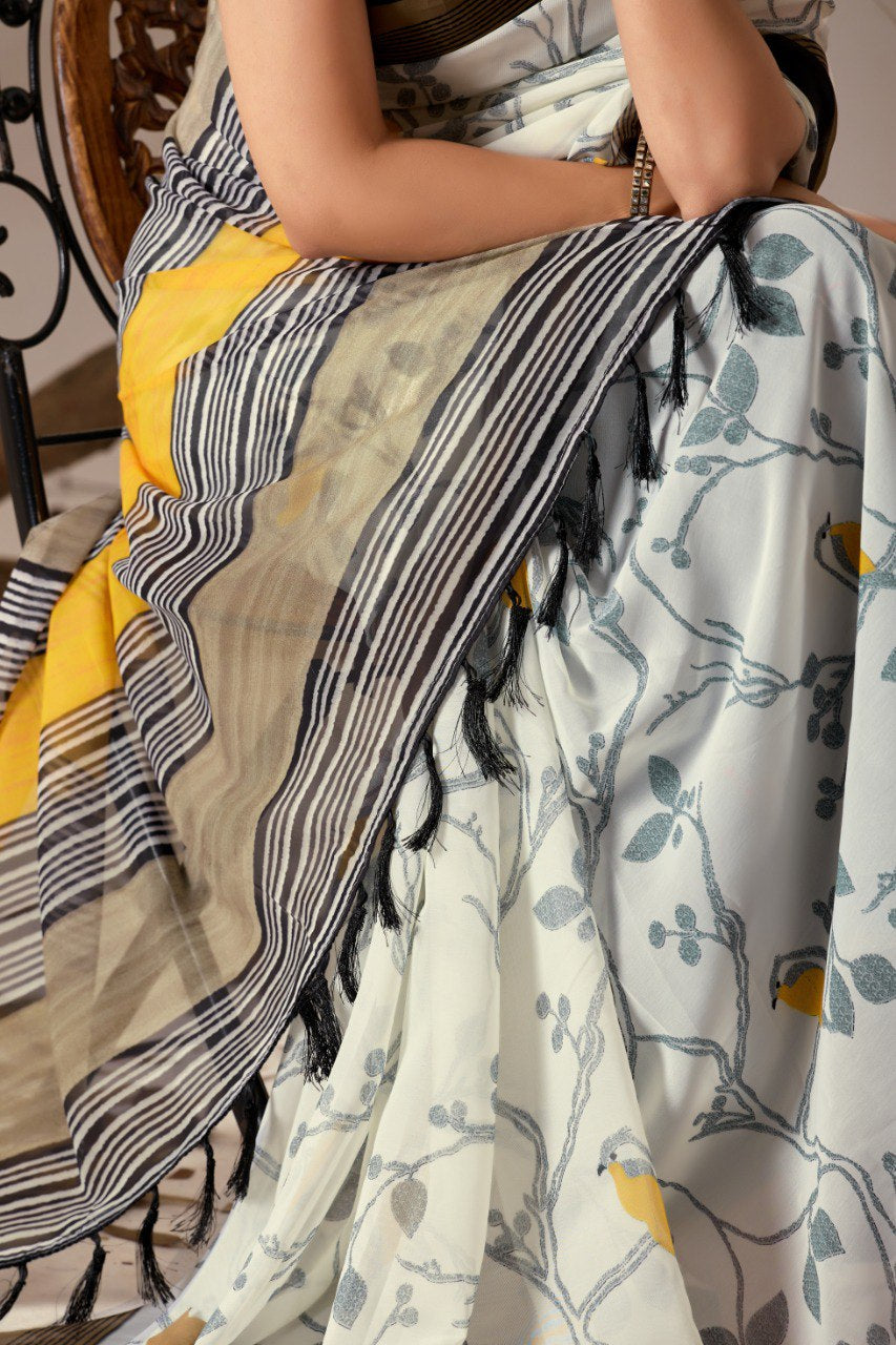 Womenline Ivory Floral Printed Soft Georgette Saree with Designer Striped Pallu & Tassel Border
