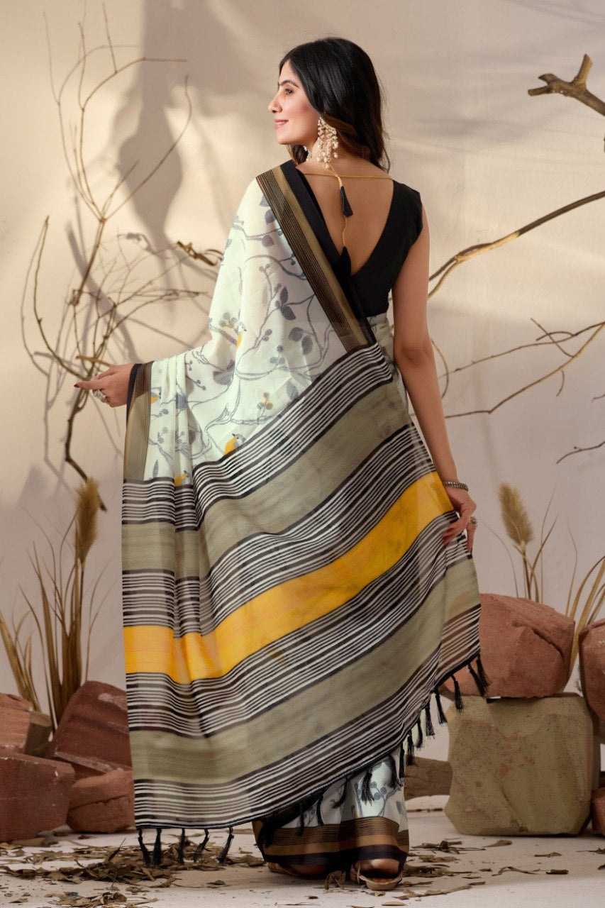 Womenline Ivory Floral Printed Soft Georgette Saree with Designer Striped Pallu & Tassel Border