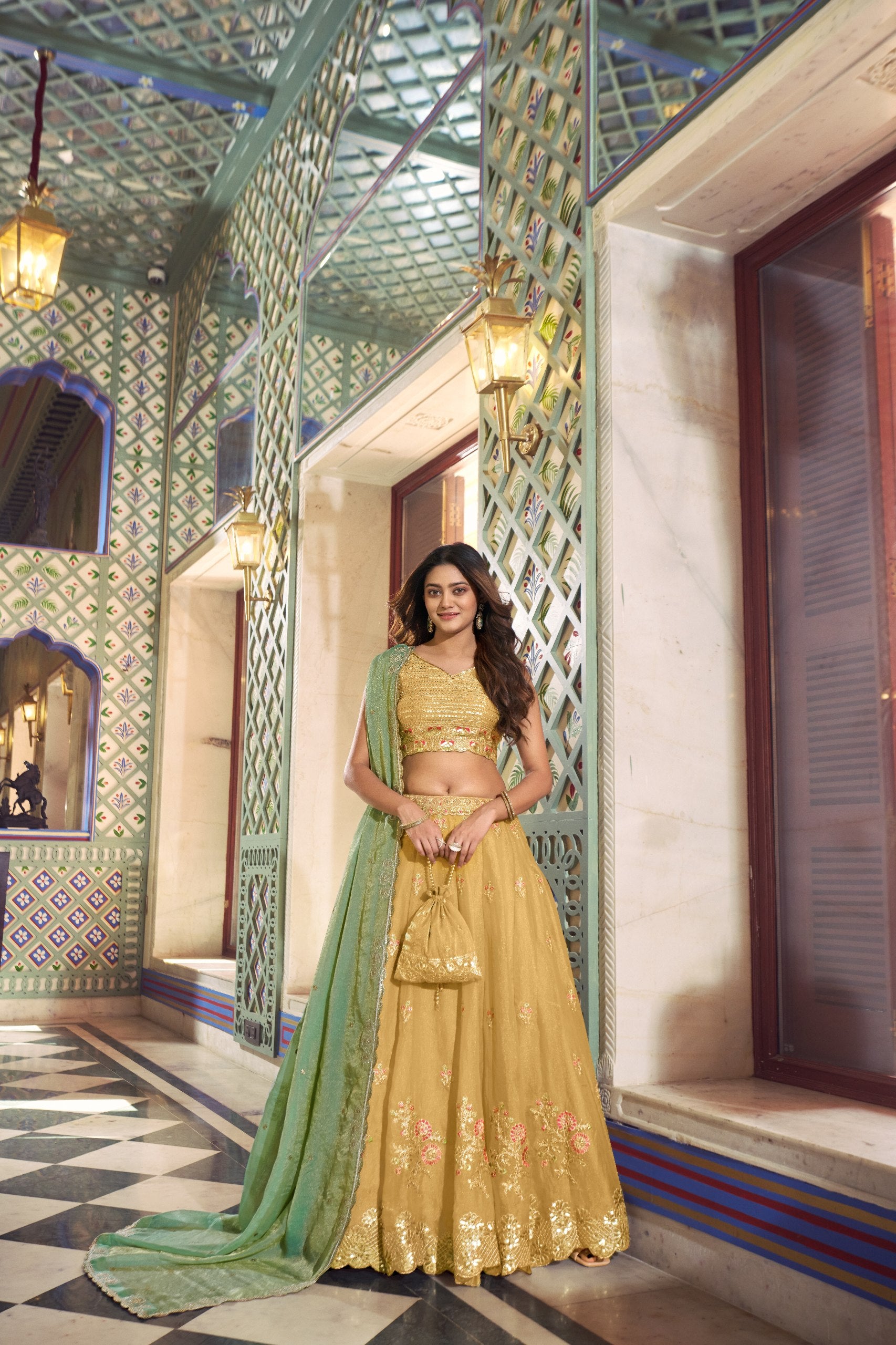 Womenline Mustard Gold Embroidered Lehenga Choli Set with Mint Green Dupatta