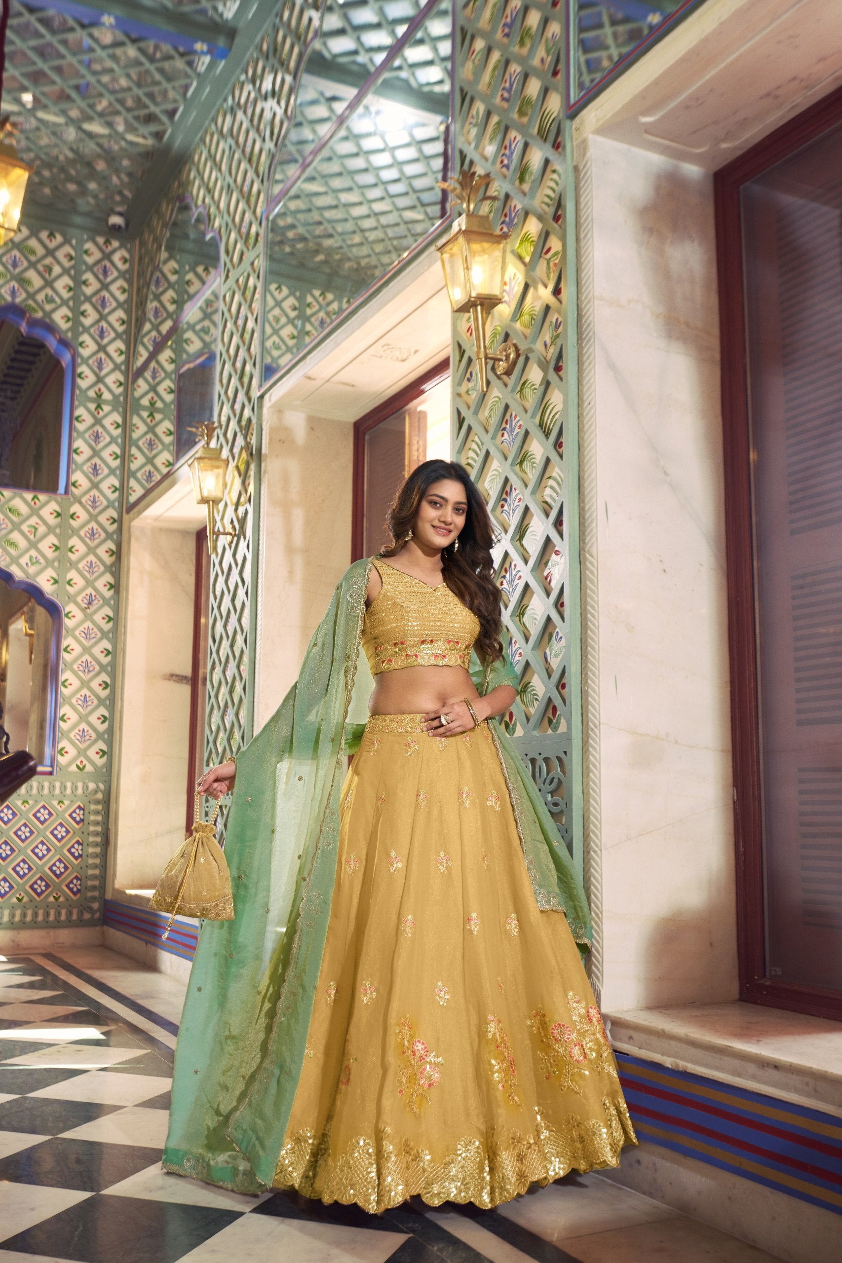 Womenline Mustard Gold Embroidered Lehenga Choli Set with Mint Green Dupatta