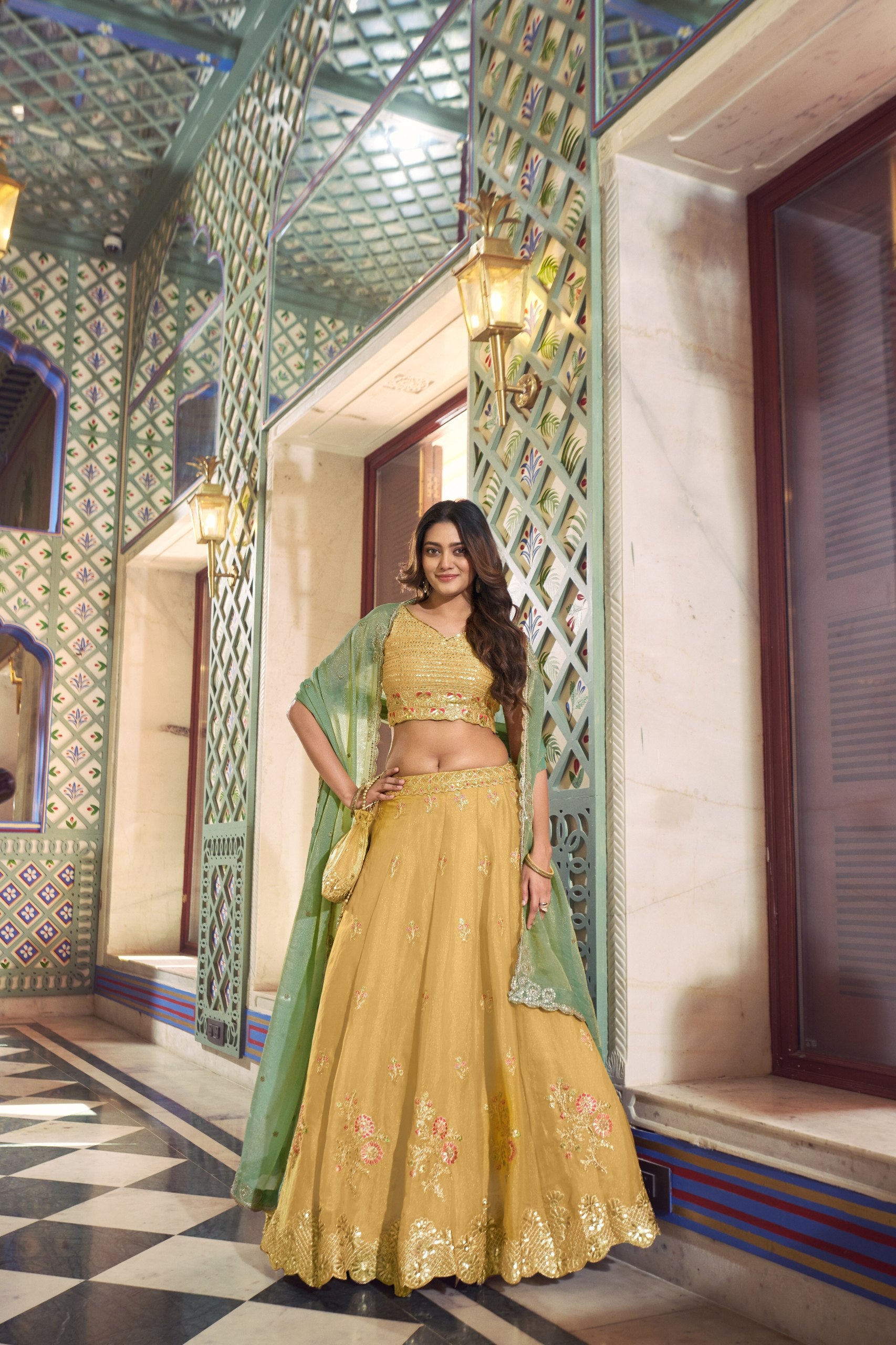 Womenline Mustard Gold Embroidered Lehenga Choli Set with Mint Green Dupatta