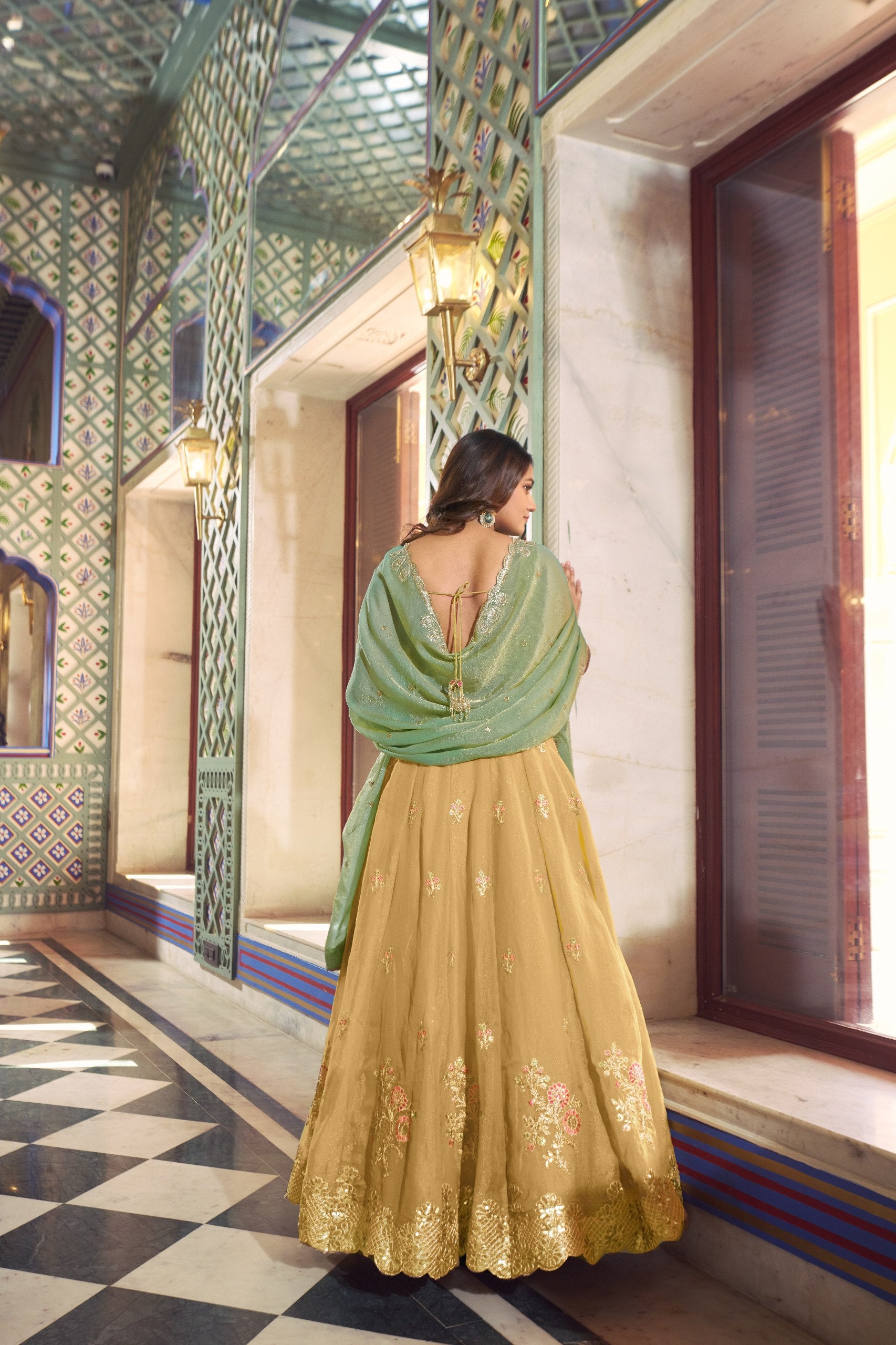 Womenline Mustard Gold Embroidered Lehenga Choli Set with Mint Green Dupatta