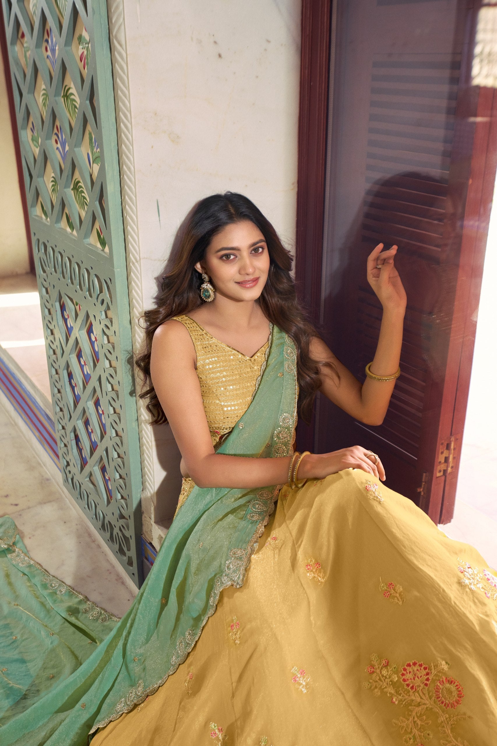 Womenline Mustard Gold Embroidered Lehenga Choli Set with Mint Green Dupatta
