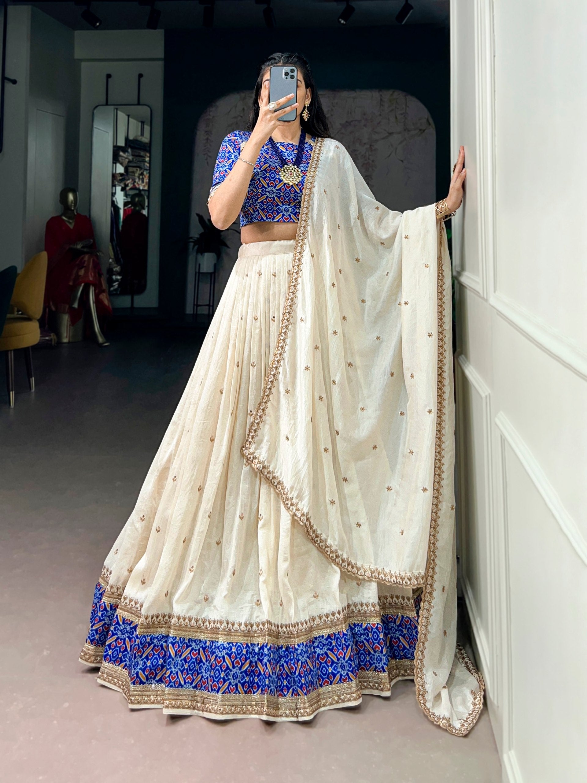 Womenline Ivory White Printed Lehenga Choli Set with Embroidered Dupatta