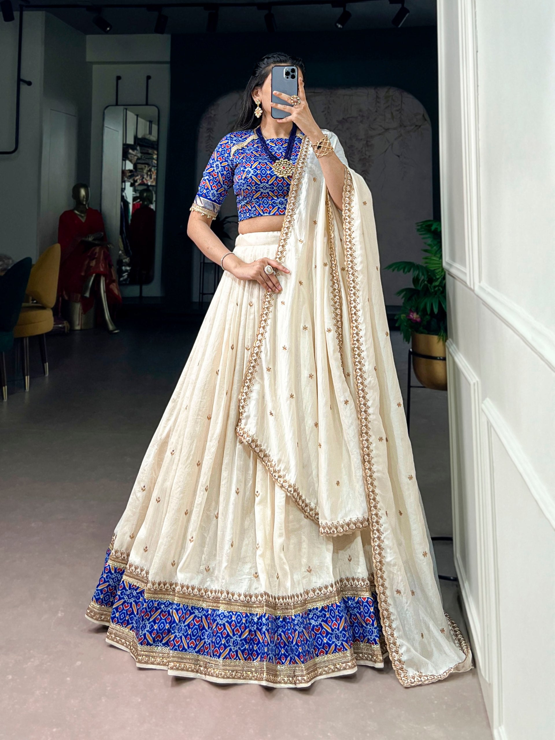 Womenline Ivory White Printed Lehenga Choli Set with Embroidered Dupatta