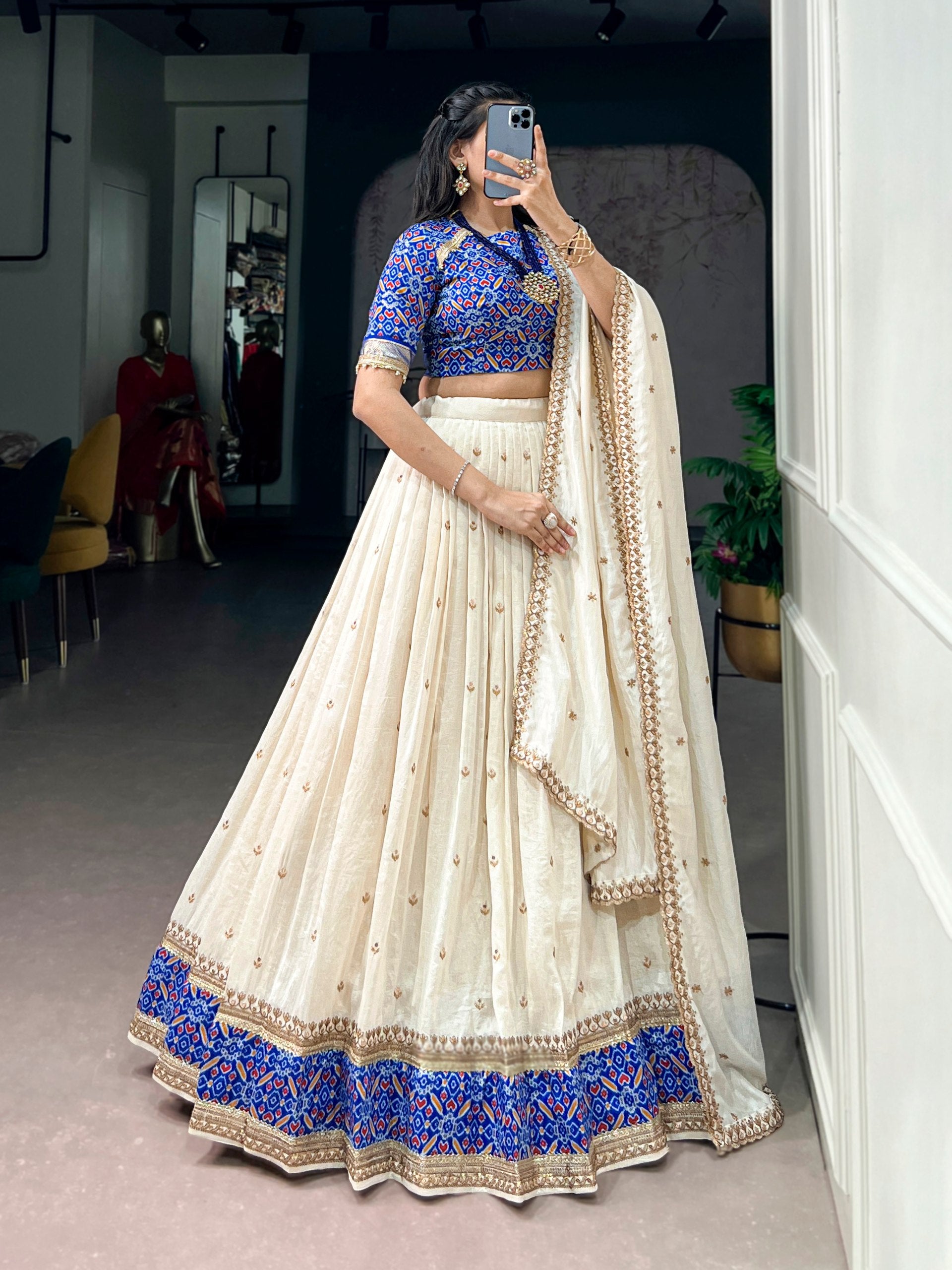 Womenline Ivory White Printed Lehenga Choli Set with Embroidered Dupatta