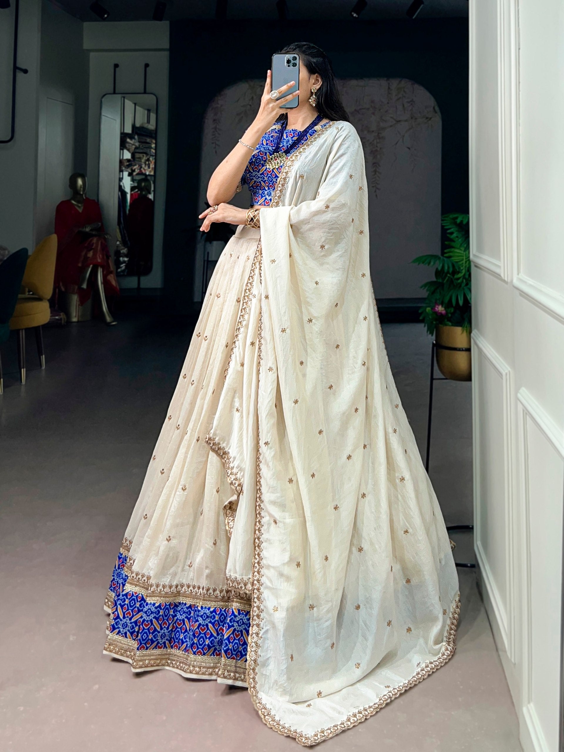 Womenline Ivory White Printed Lehenga Choli Set with Embroidered Dupatta