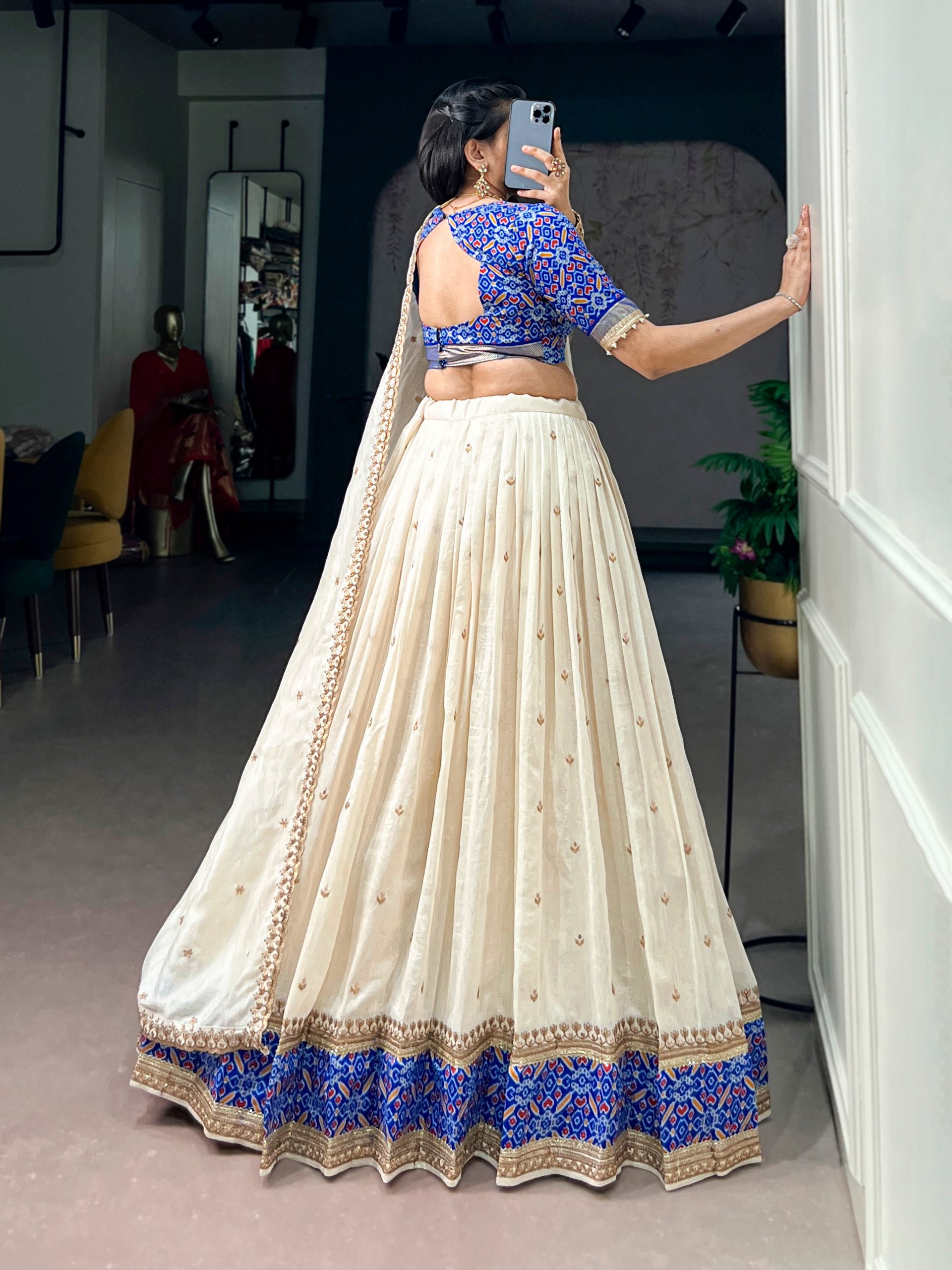 Womenline Ivory White Printed Lehenga Choli Set with Embroidered Dupatta