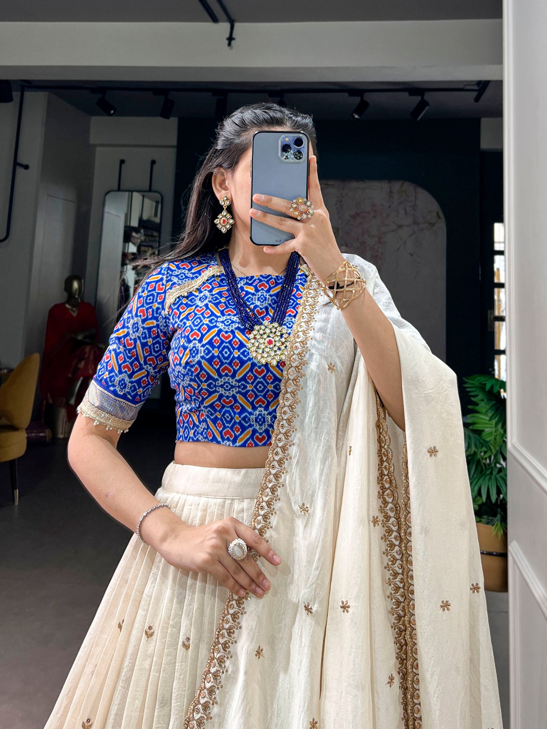 Womenline Ivory White Printed Lehenga Choli Set with Embroidered Dupatta