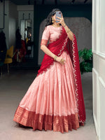 Womenline Blush Pink Silk Lehenga Set with Wine Red Embroidered Dupatta