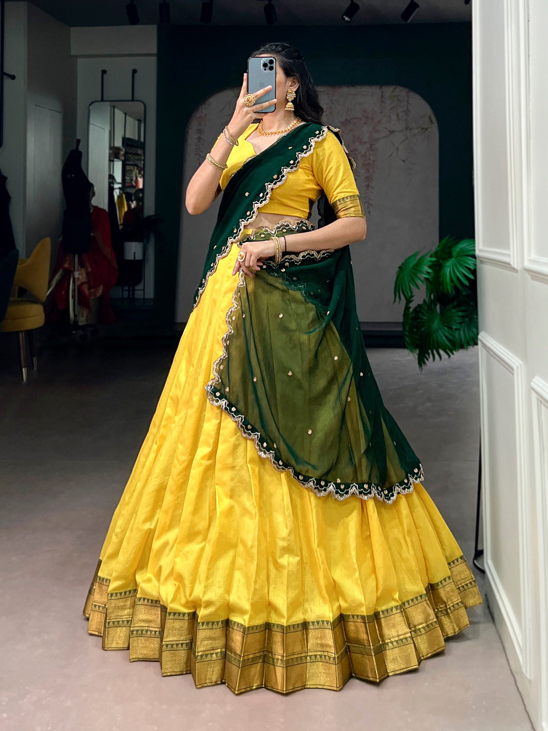 Womenline Sunshine Yellow Silk Lehenga Set with Emerald Green Embroidered Dupatta