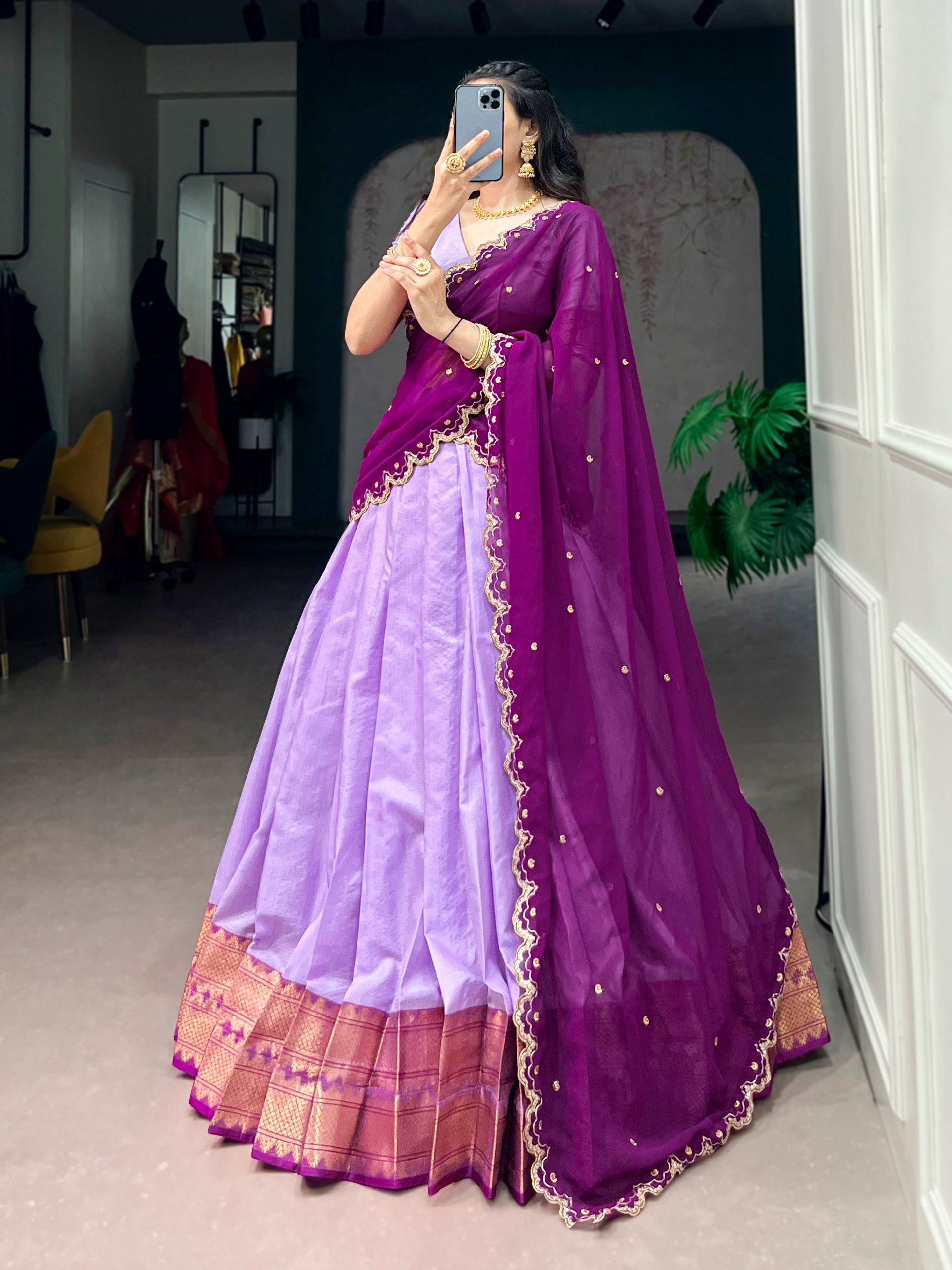 Womenline Lavender Silk Lehenga Set with Contrast Magenta Dupatta