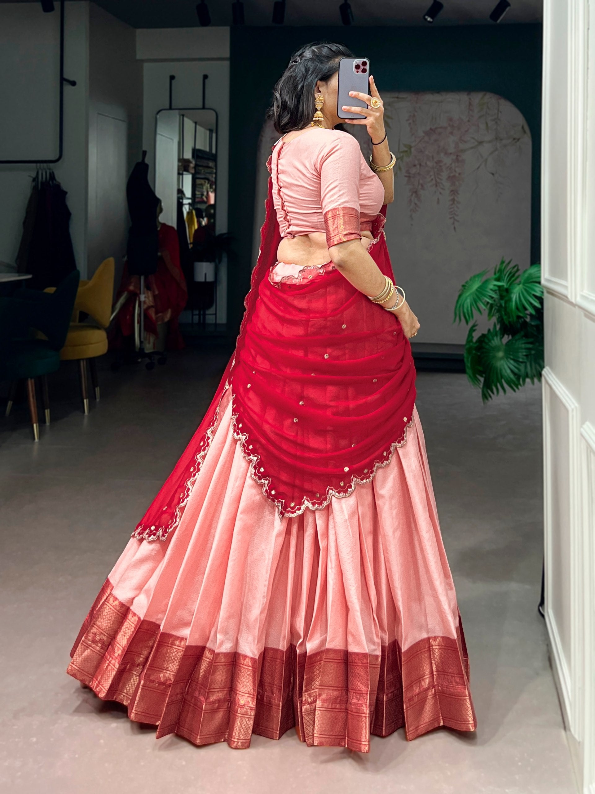 Womenline Blush Pink Silk Lehenga Set with Wine Red Embroidered Dupatta